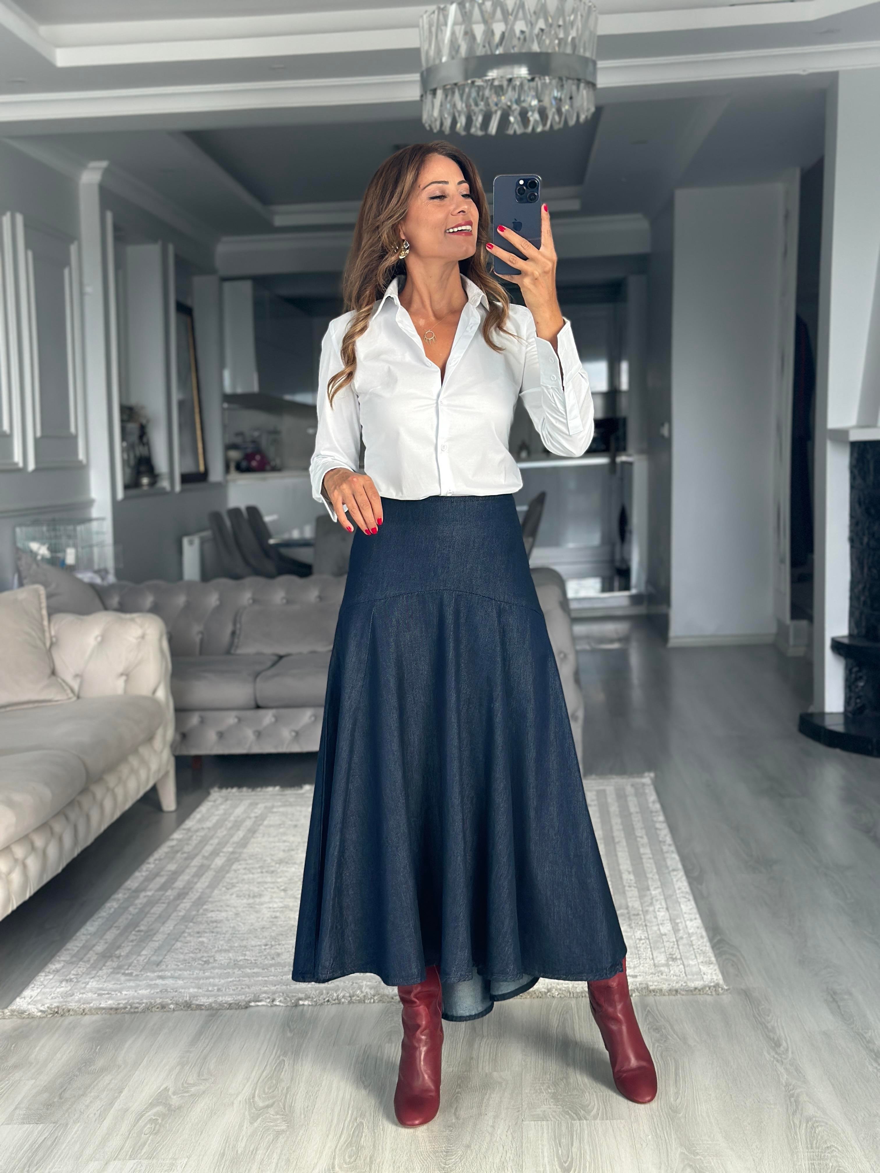 Lacivert  Arkası Fermuarlı Midi Boy Kadın Denim Etek