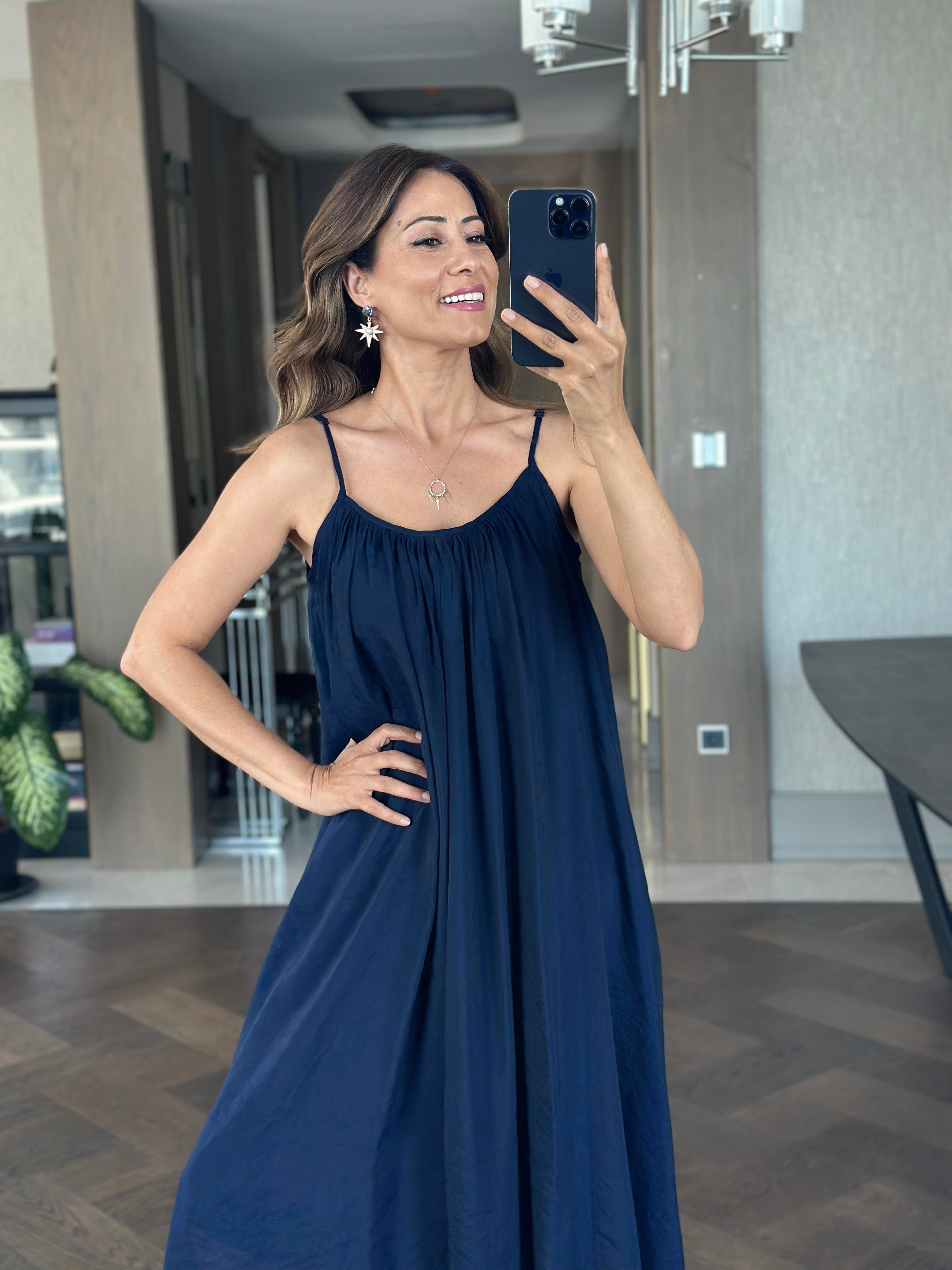 Lacivert Ayarlanabilir Askılı Astarlı Salaş Maksi Boy Kadın Elbise