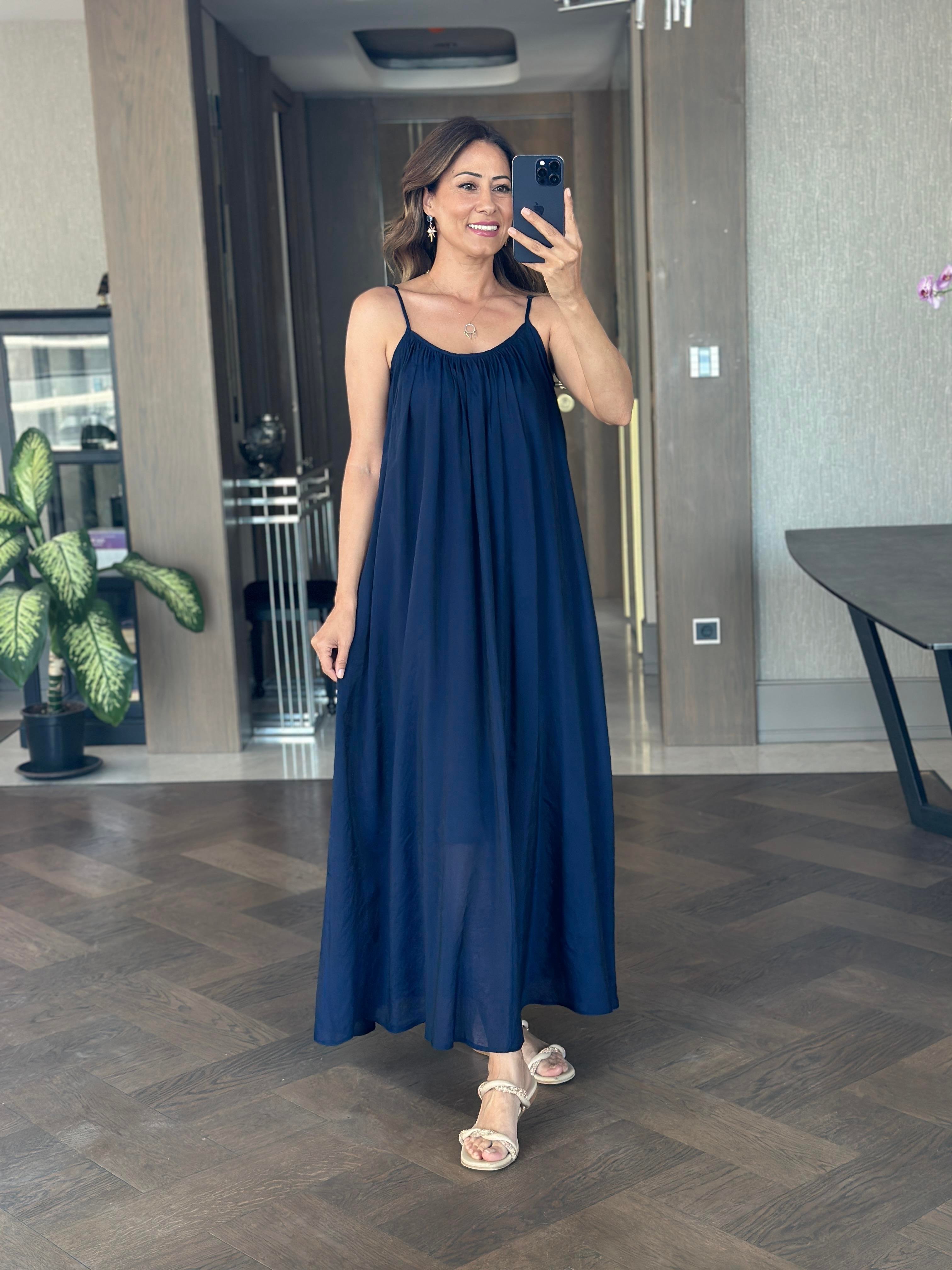 Lacivert Ayarlanabilir Askılı Astarlı Salaş Maksi Boy Kadın Elbise