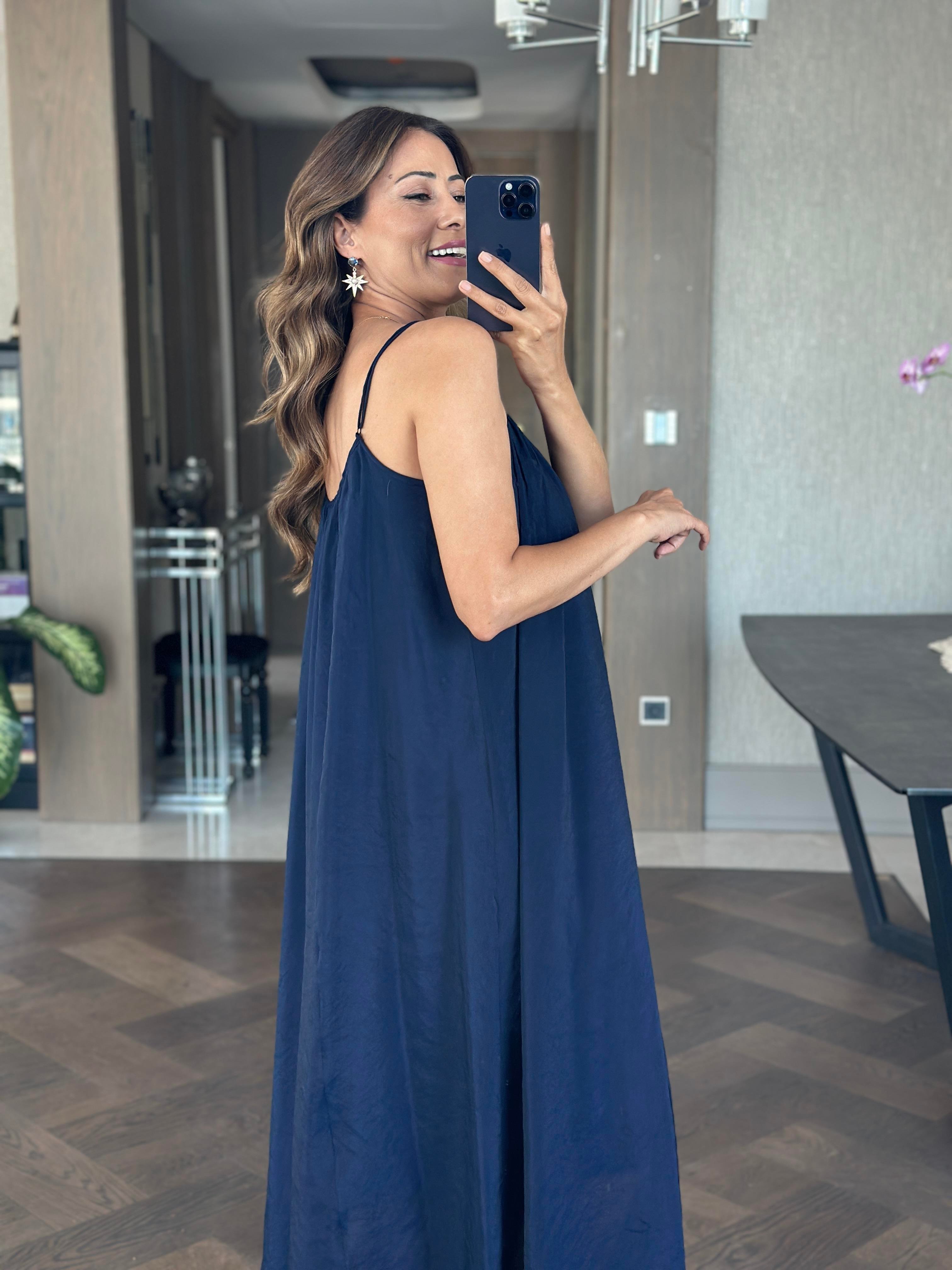 Lacivert Ayarlanabilir Askılı Astarlı Salaş Maksi Boy Kadın Elbise