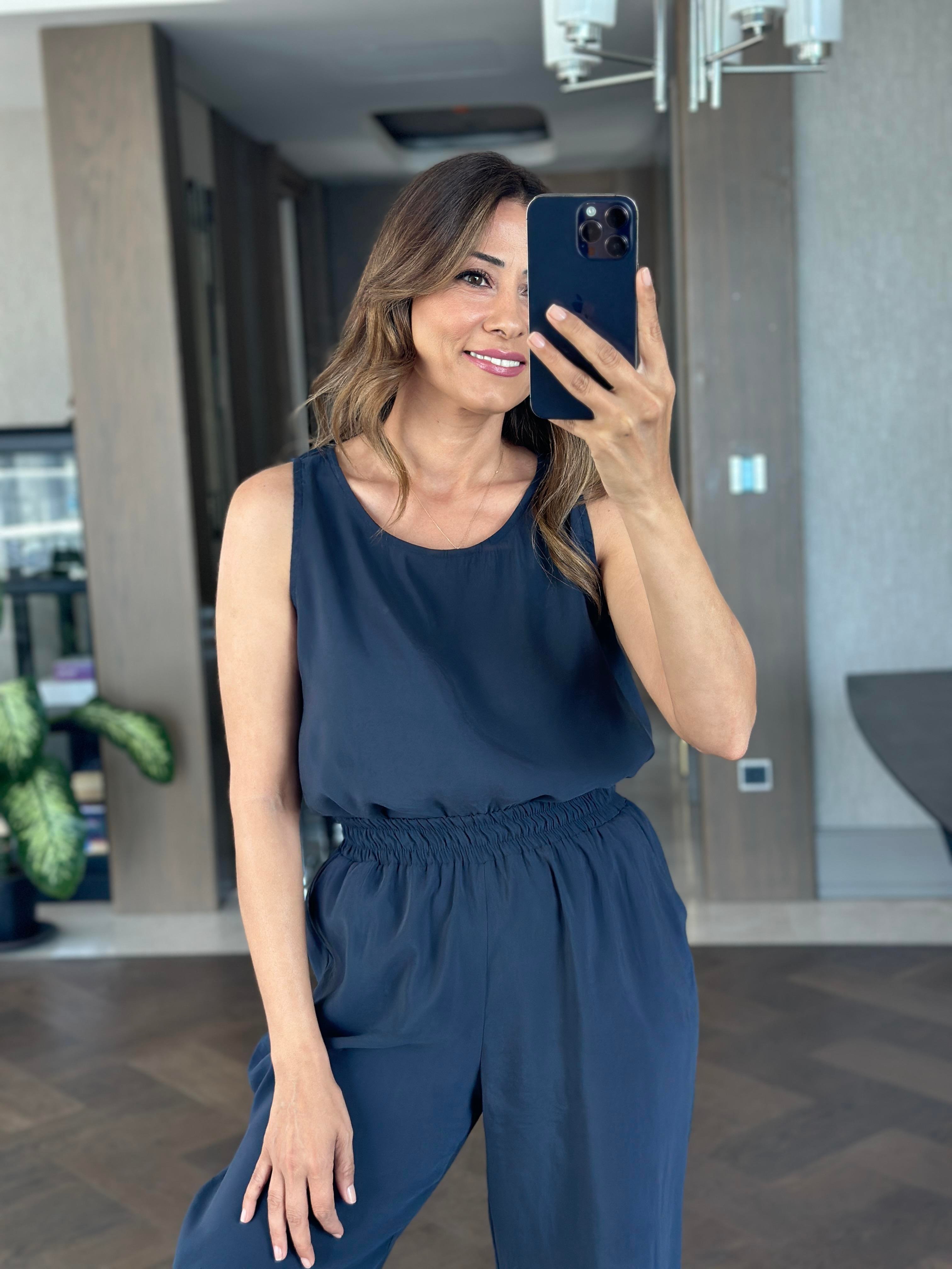 Lacivert Bisiklet Yaka Sıfır Kol Bluz Pantolon Tnsl Alt Üst Takım