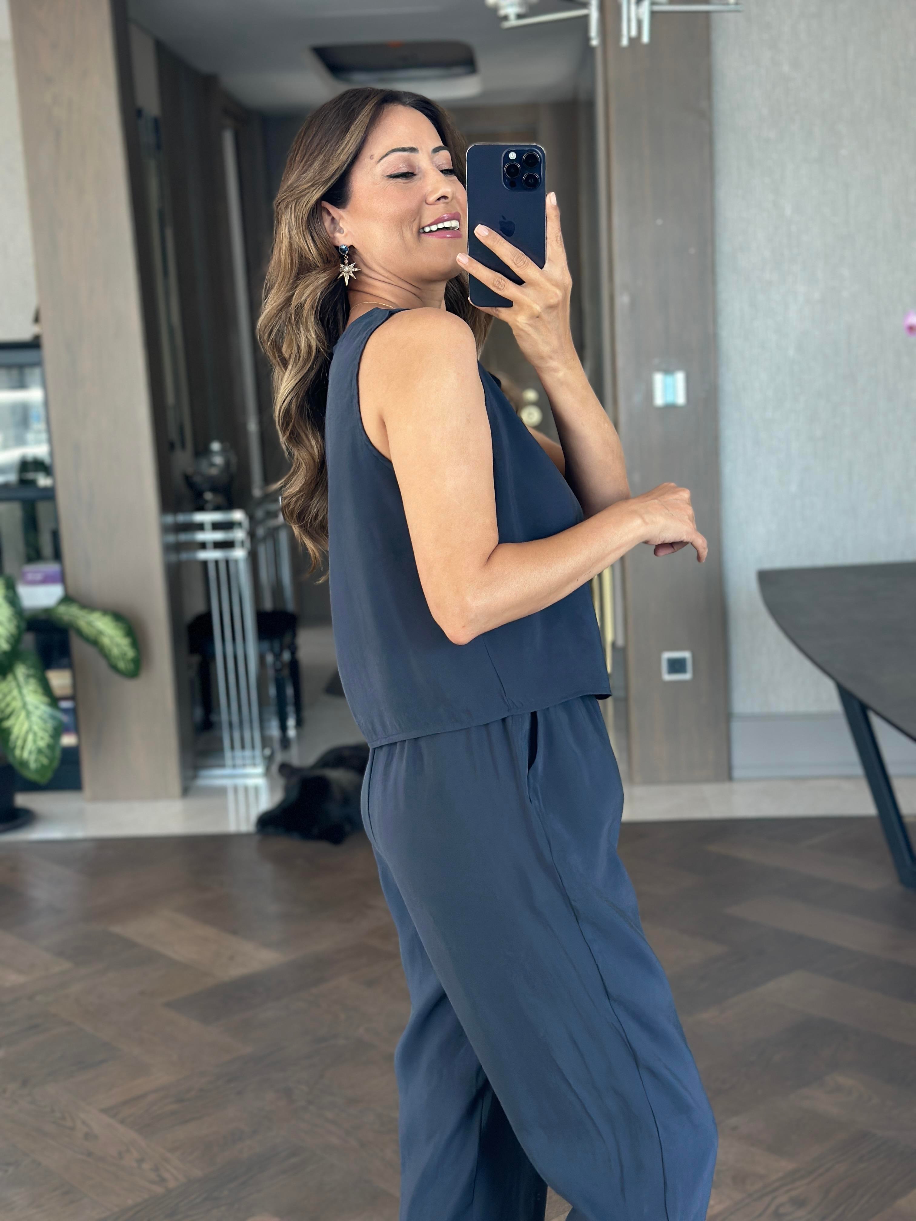 Lacivert Bisiklet Yaka Sıfır Kol Bluz Pantolon Tnsl Alt Üst Takım