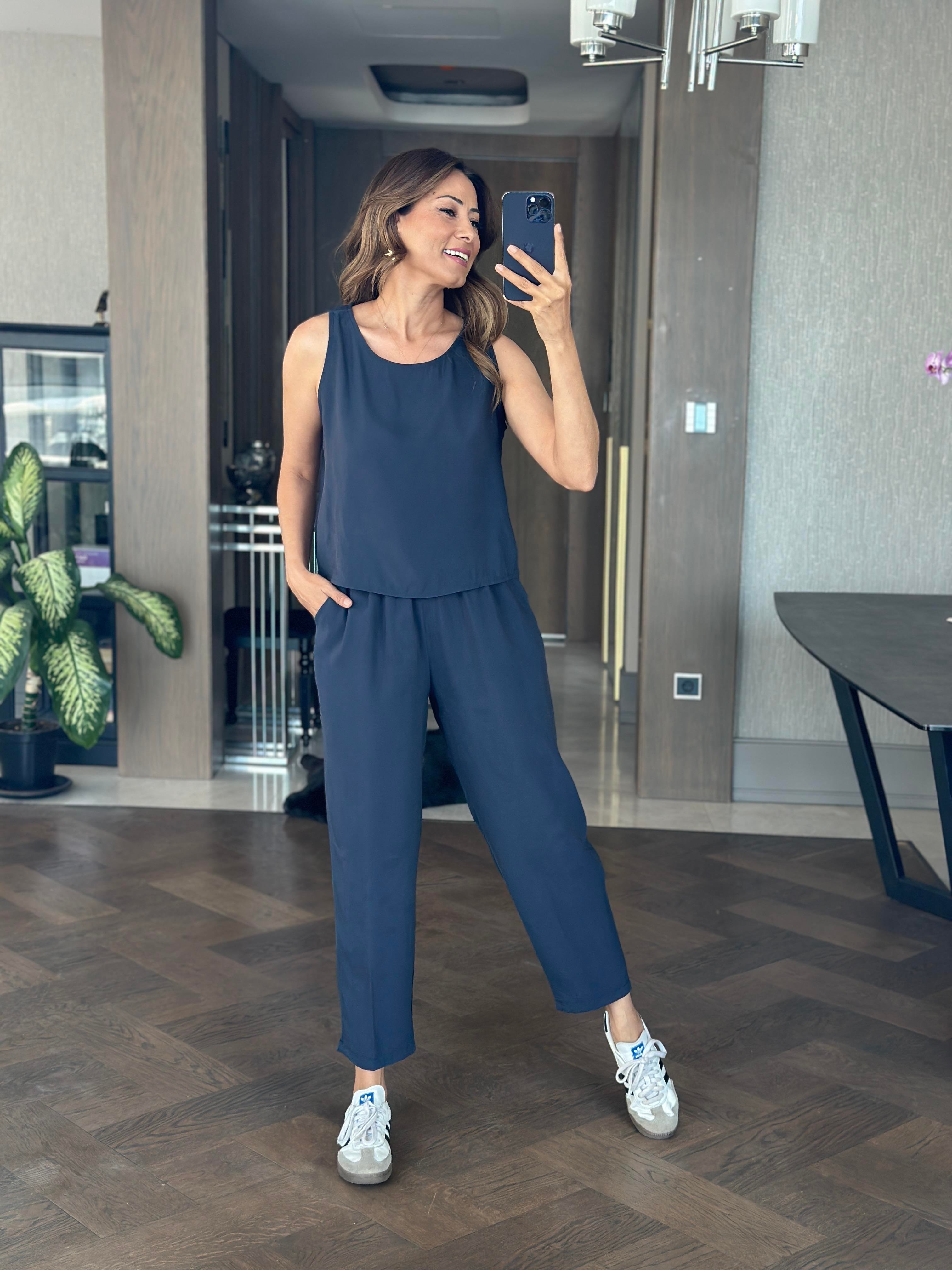 Lacivert Bisiklet Yaka Sıfır Kol Bluz Pantolon Tnsl Alt Üst Takım