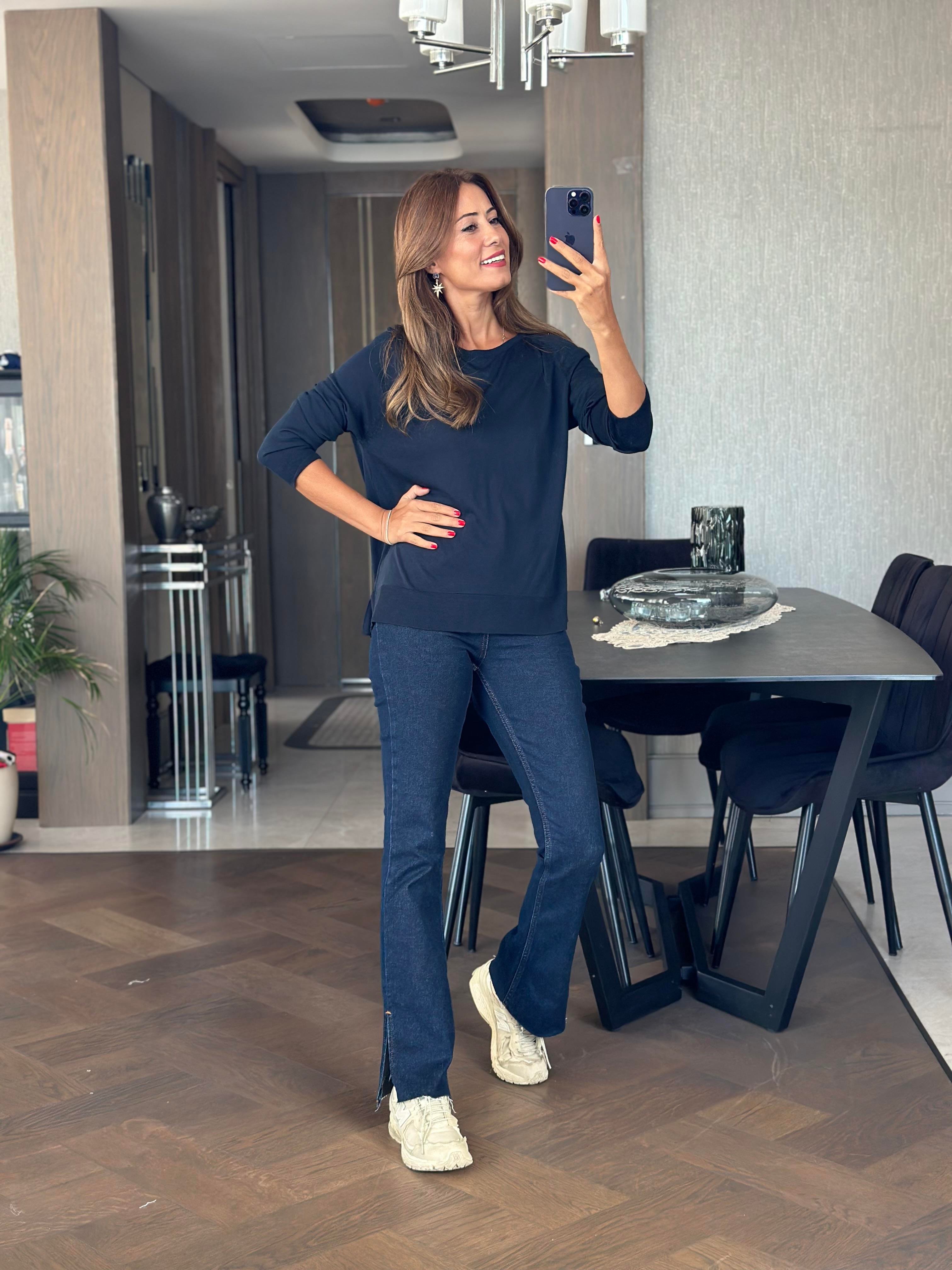 Lacivert Bisiklet Yaka Uzun Kol Dlvn Düz Merserize Kadın Bluz