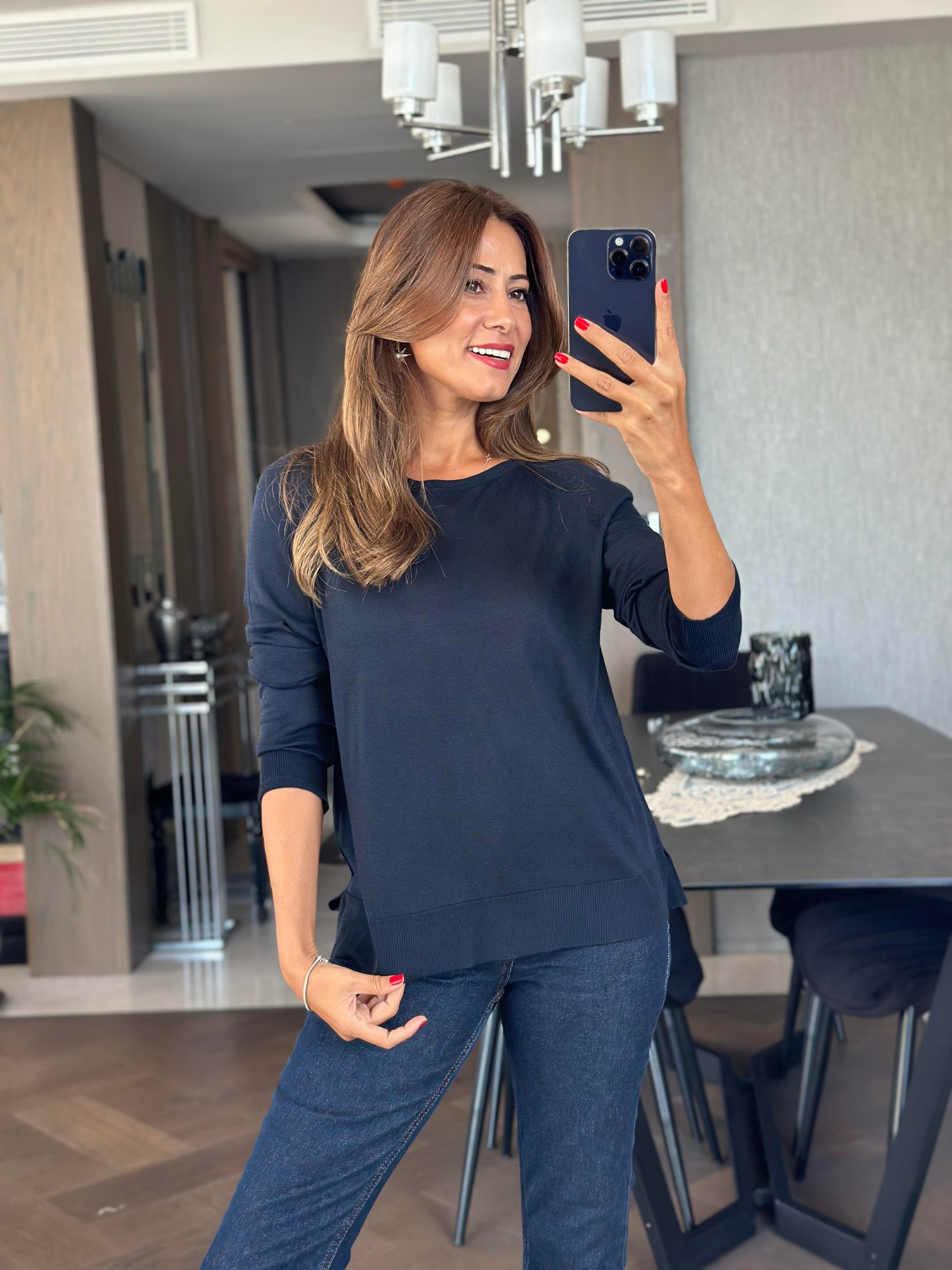 Lacivert Bisiklet Yaka Uzun Kol Dlvn Düz Merserize Kadın Bluz