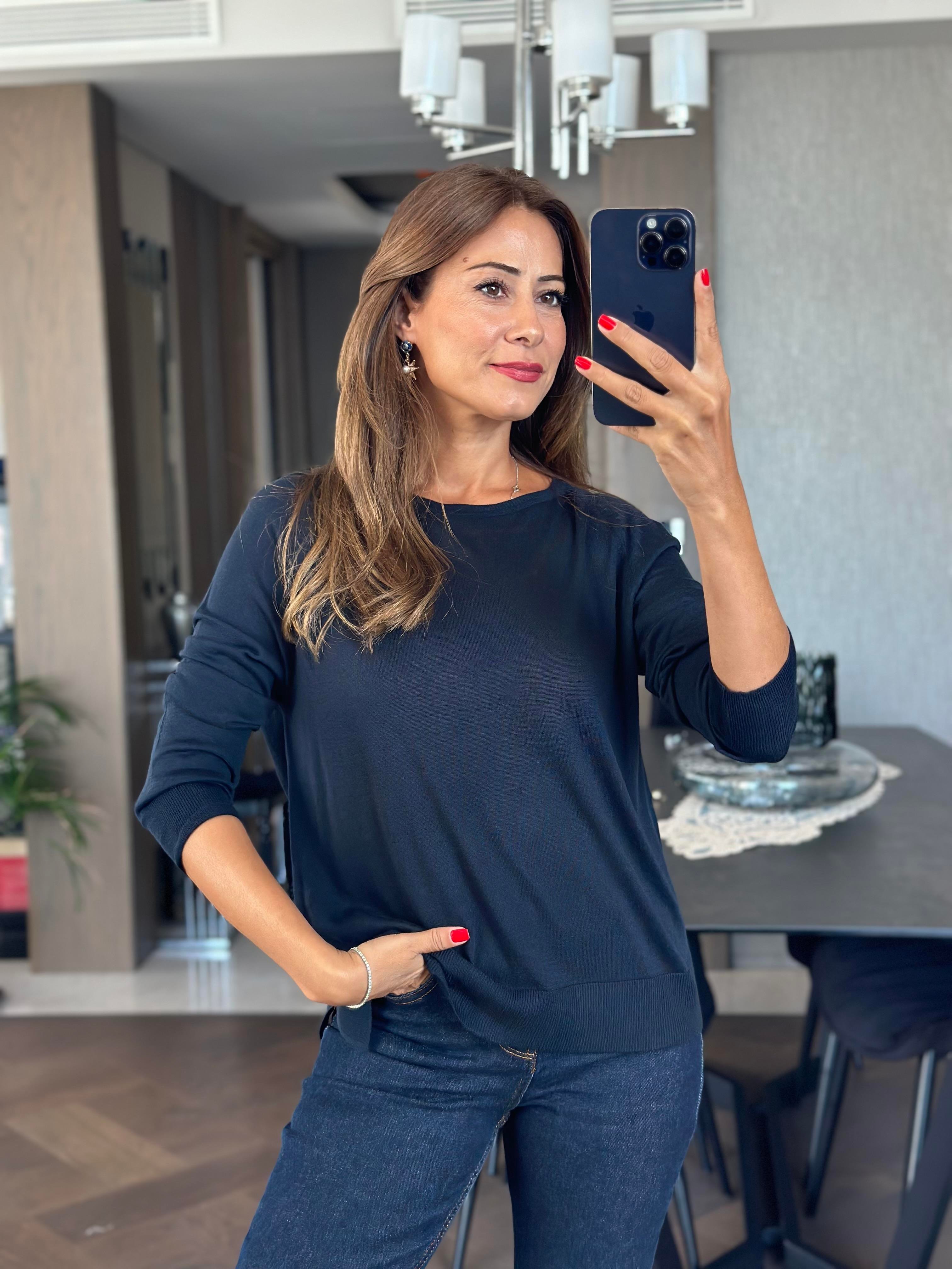 Lacivert Bisiklet Yaka Uzun Kol Dlvn Düz Merserize Kadın Bluz