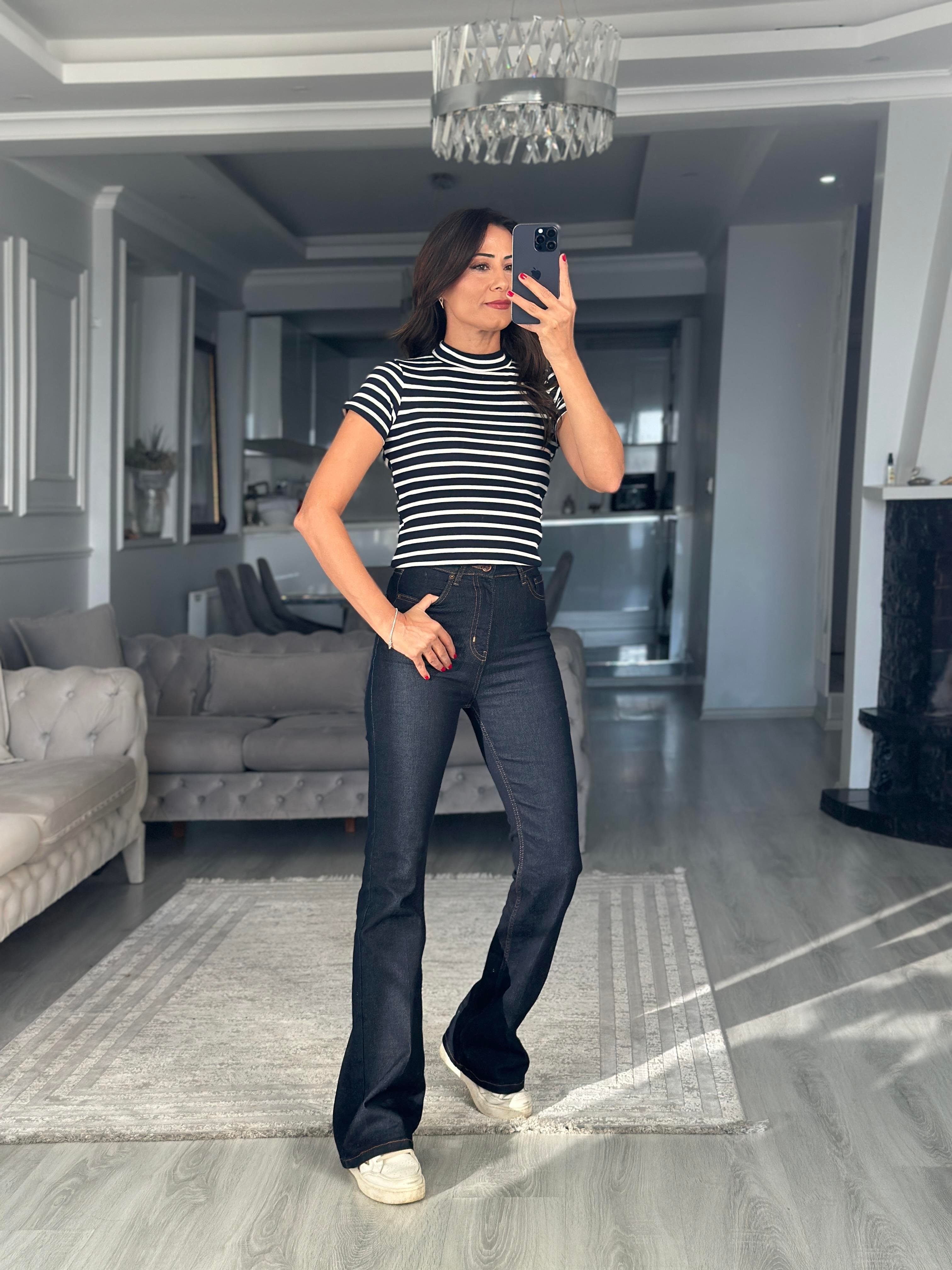 Lacivert Çizgili Kısa Kol Yarım Balıkçı Fitilli Kaşkorse Kadın Body