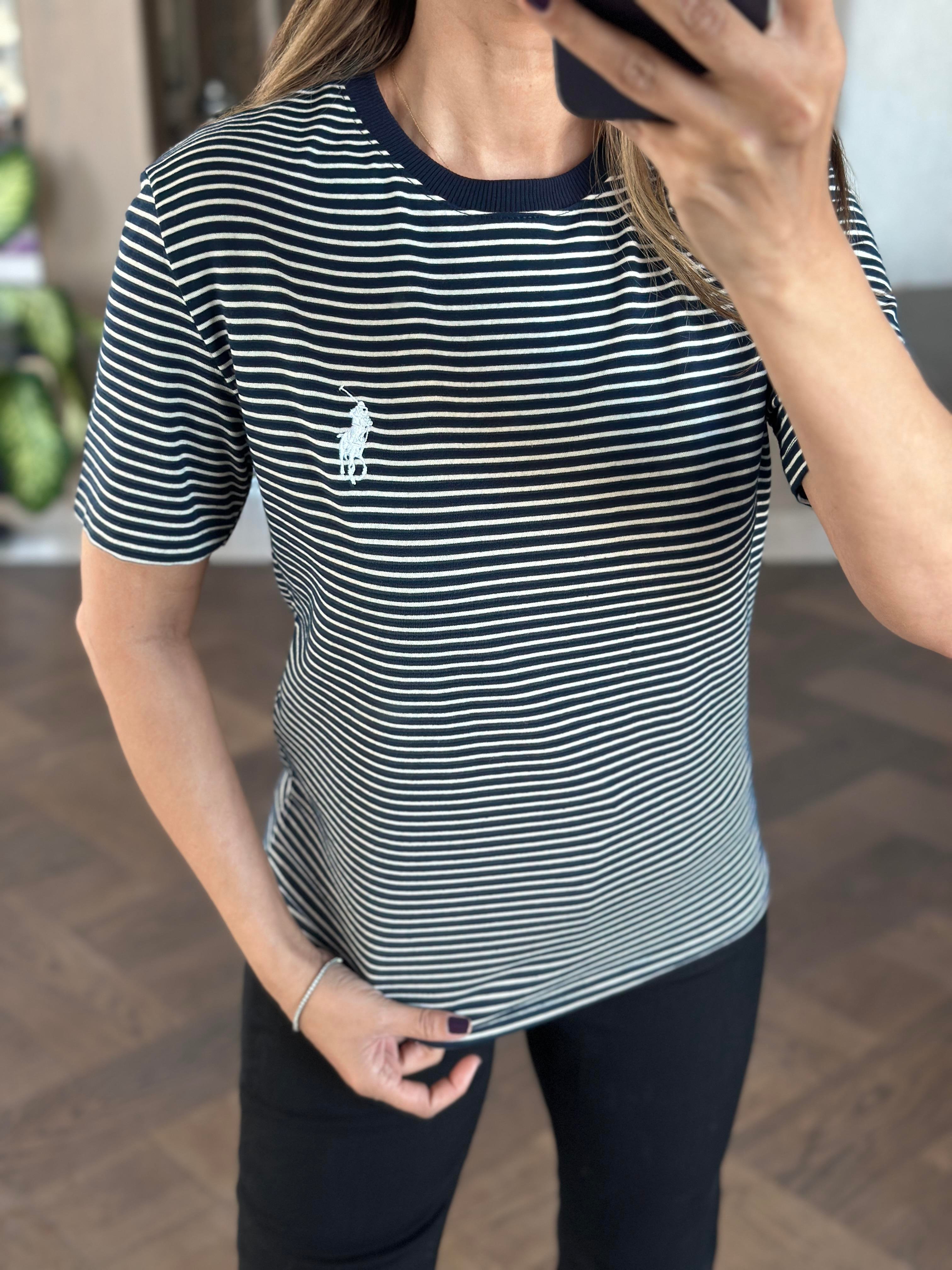 Lacivert Çizgili Nakışlı Bisiklet Yaka Kadın T-Shirt
