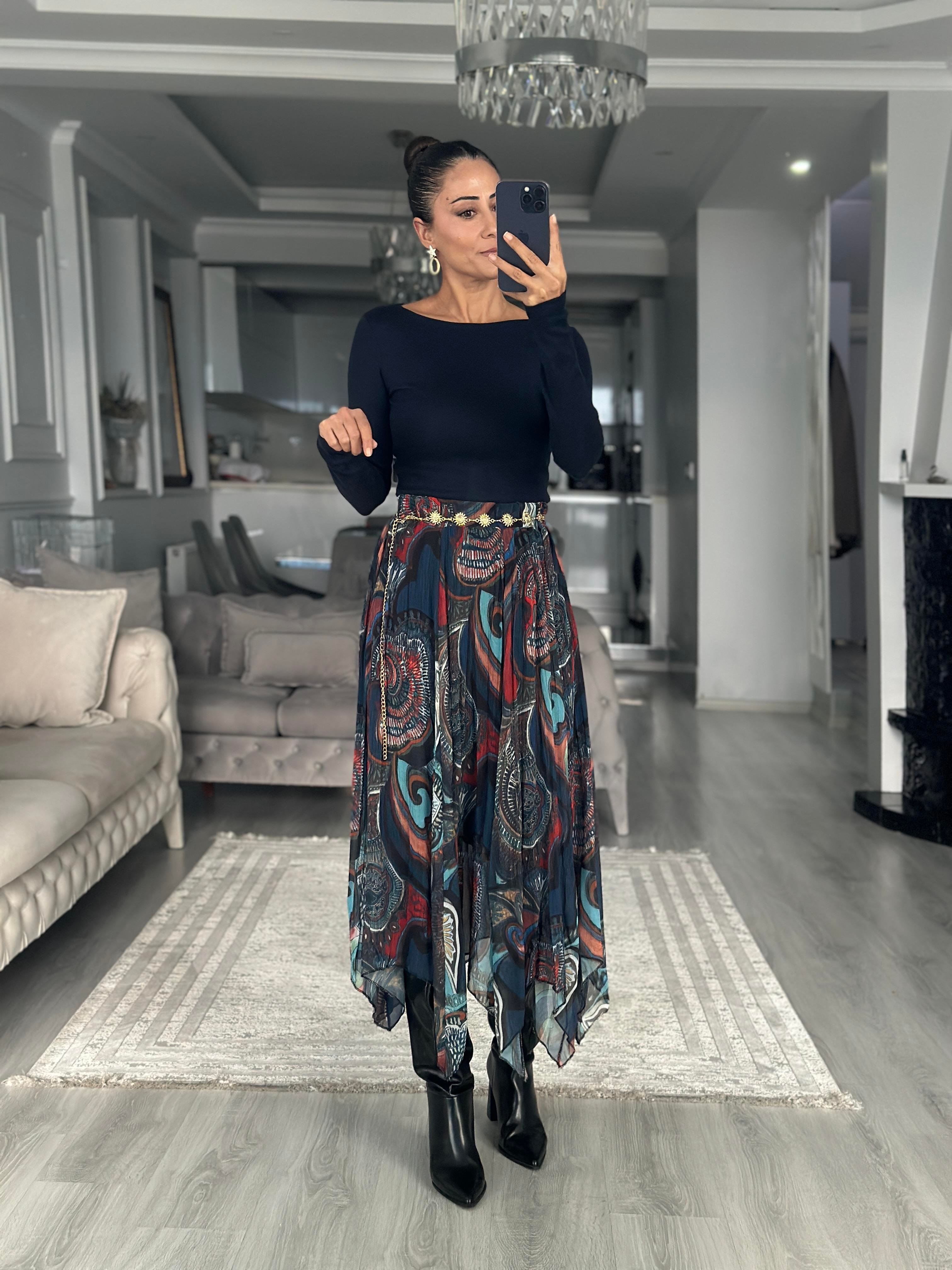 Lacivert Desenli Asimetrik Midi Boy Kadın Şifon Etek