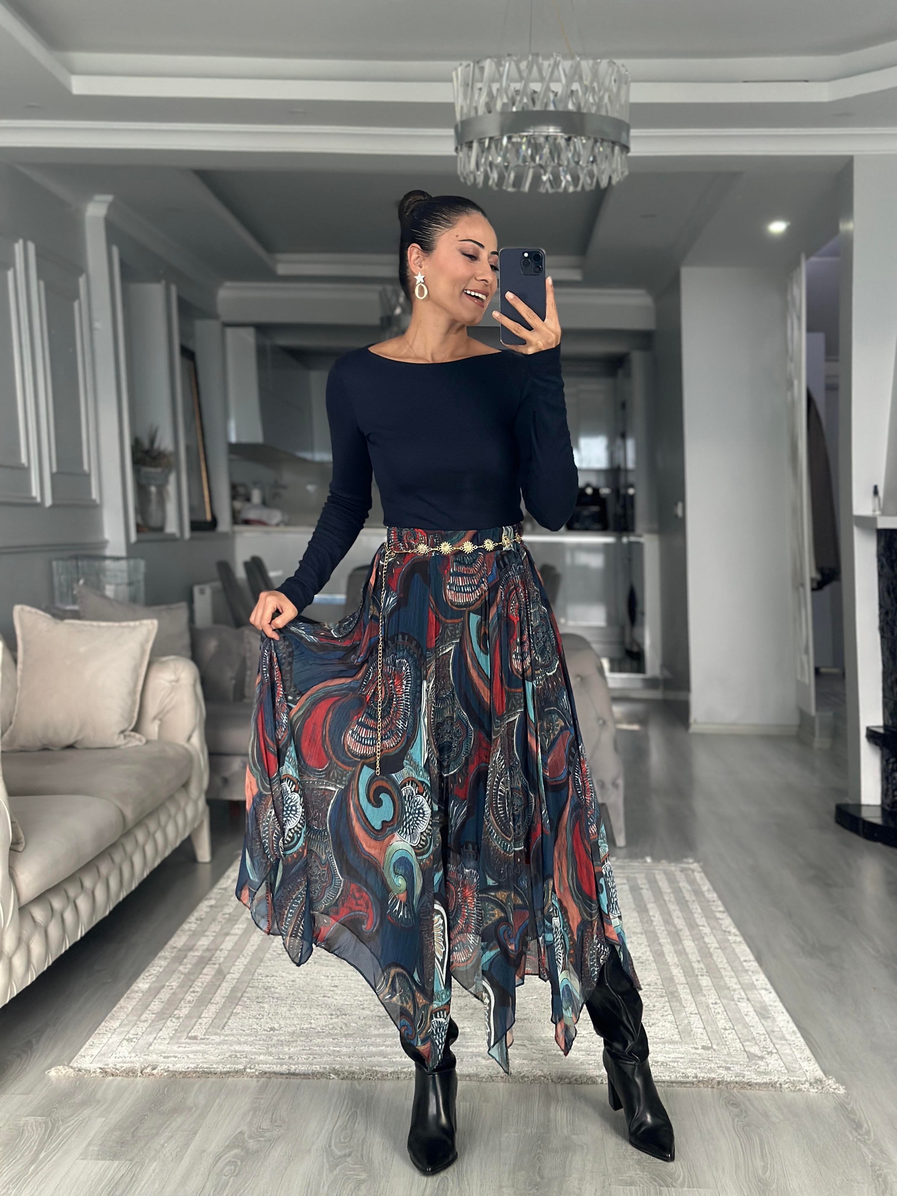 Lacivert Desenli Asimetrik Midi Boy Kadın Şifon Etek