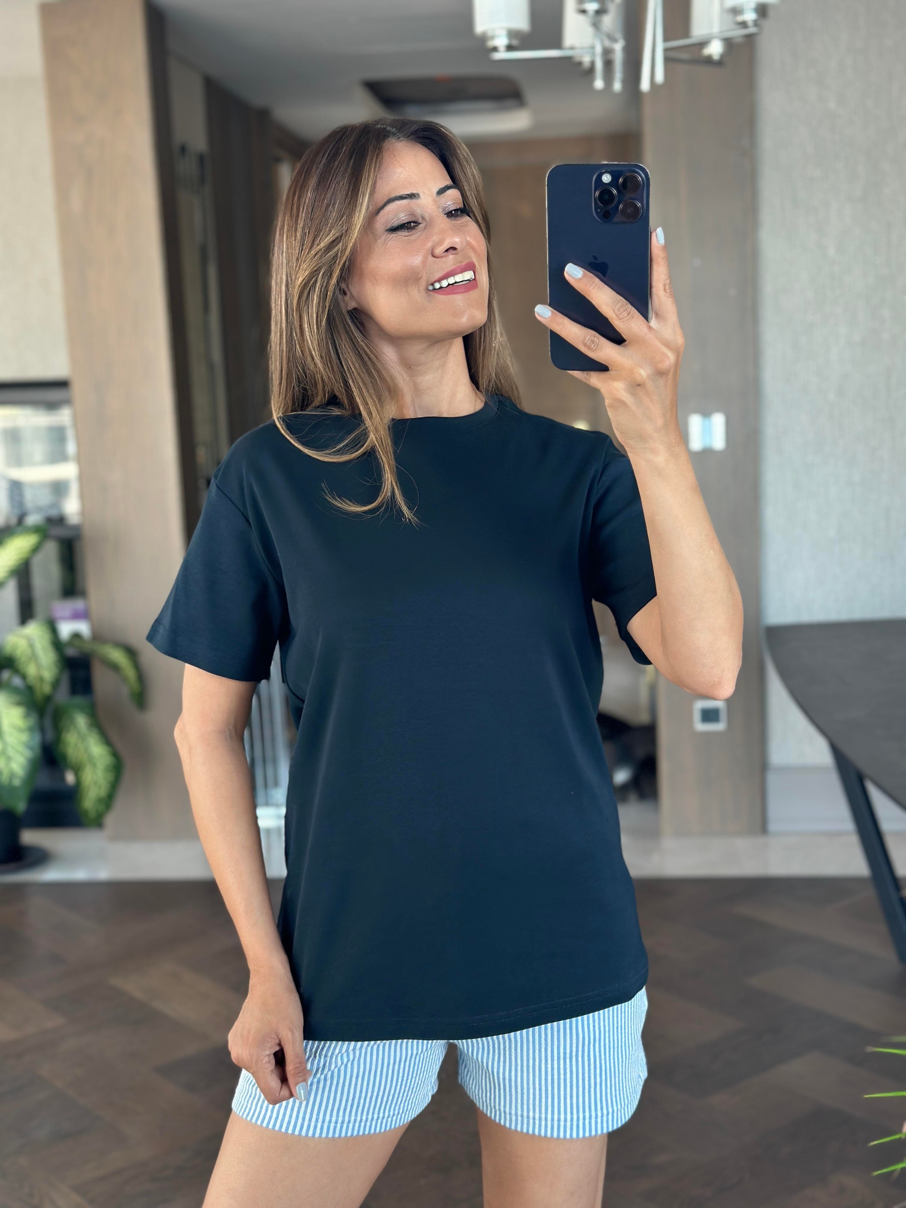 Lacivert Düz Basic Mass Model Kadın T-Shirt