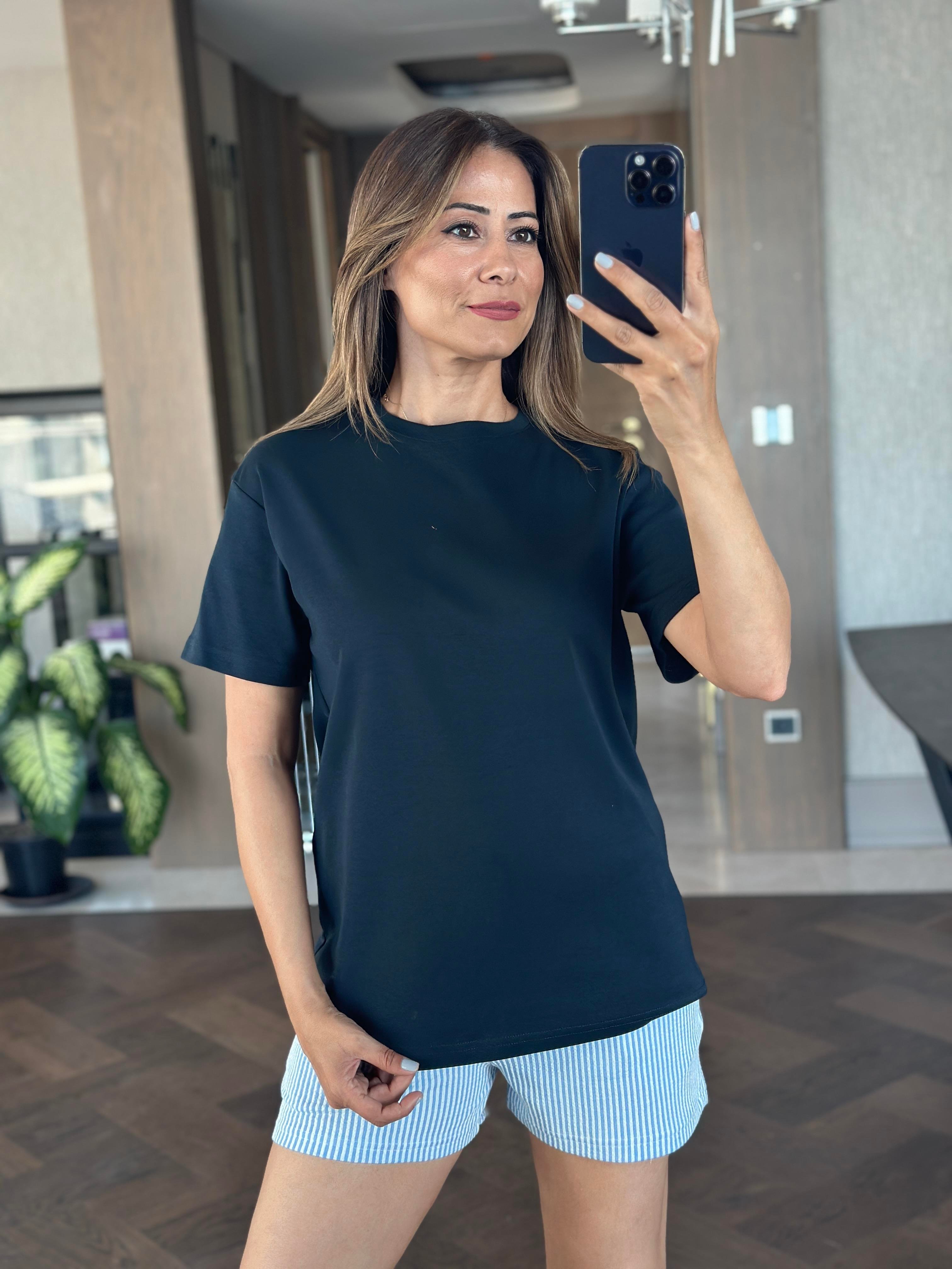 Lacivert Düz Basic Mass Model Kadın T-Shirt