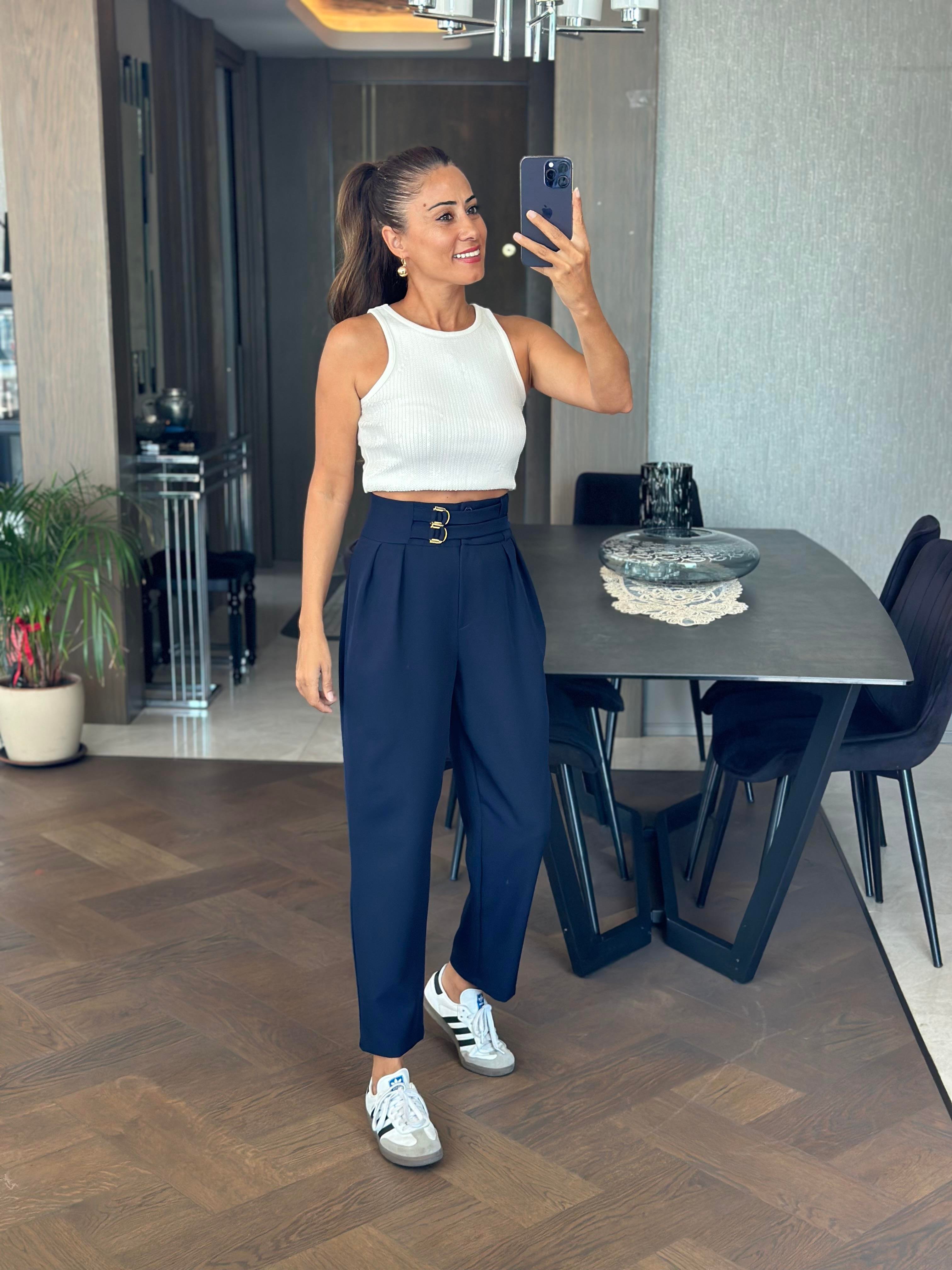 Lacivert Ekstra Yüksek Bel Tokalı Marka Model Kadın Pantolon