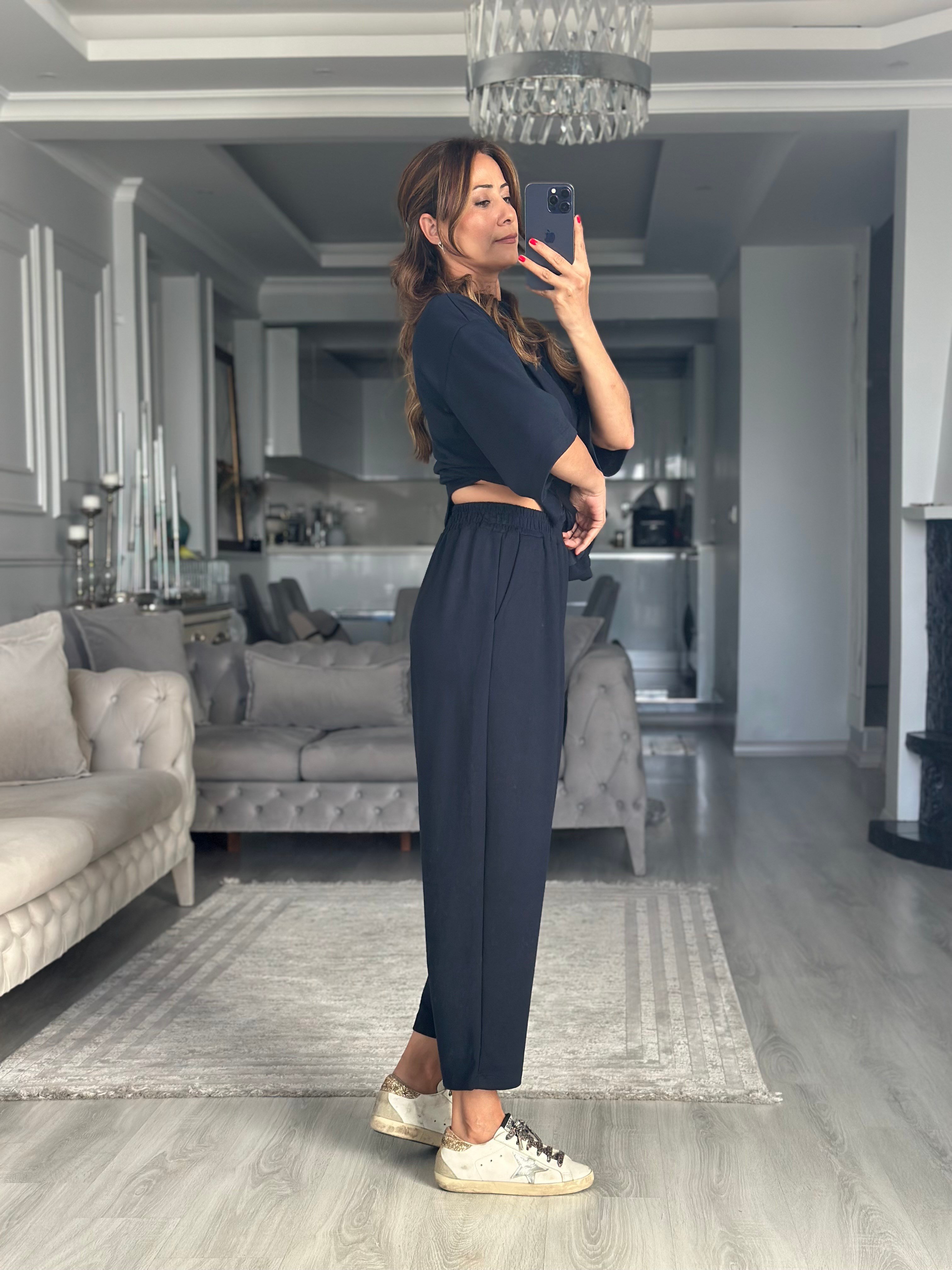 Lacivert Fakir Kol Yırtmaçlı Oversize Modal Kadın İkili Takım