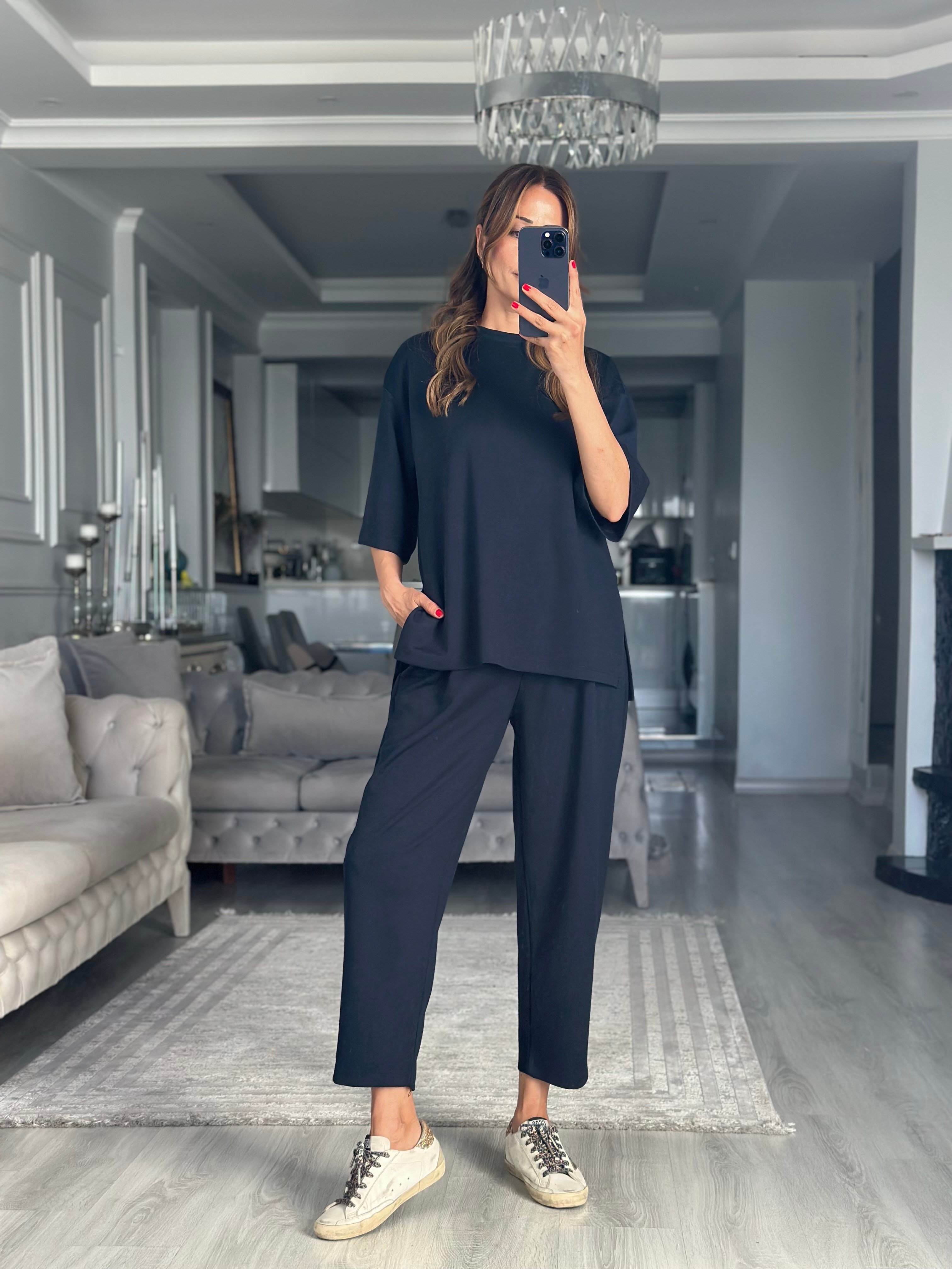Lacivert Fakir Kol Yırtmaçlı Oversize Modal Kadın İkili Takım