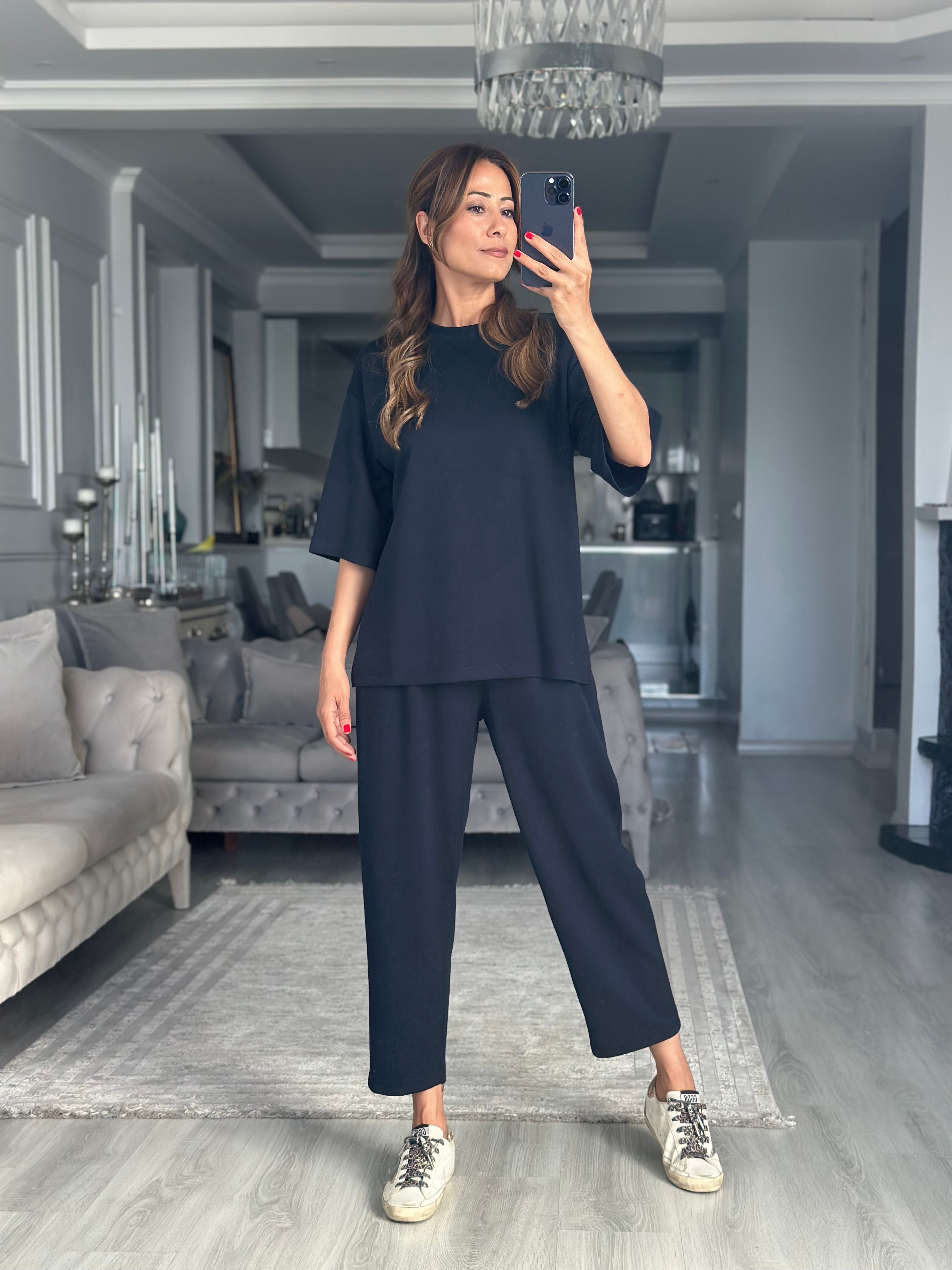 Lacivert Fakir Kol Yırtmaçlı Oversize Modal Kadın İkili Takım