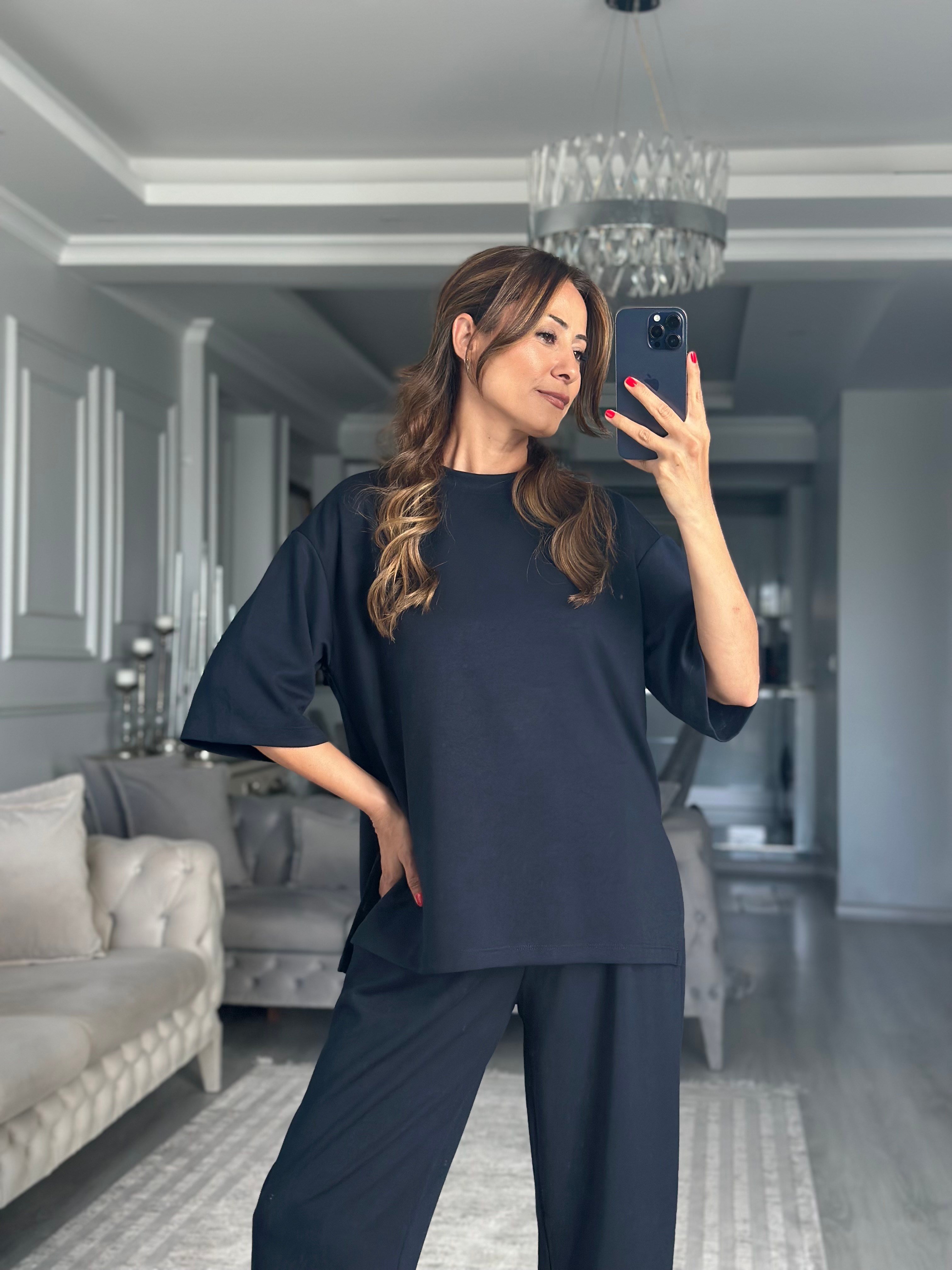 Lacivert Fakir Kol Yırtmaçlı Oversize Modal Kadın İkili Takım