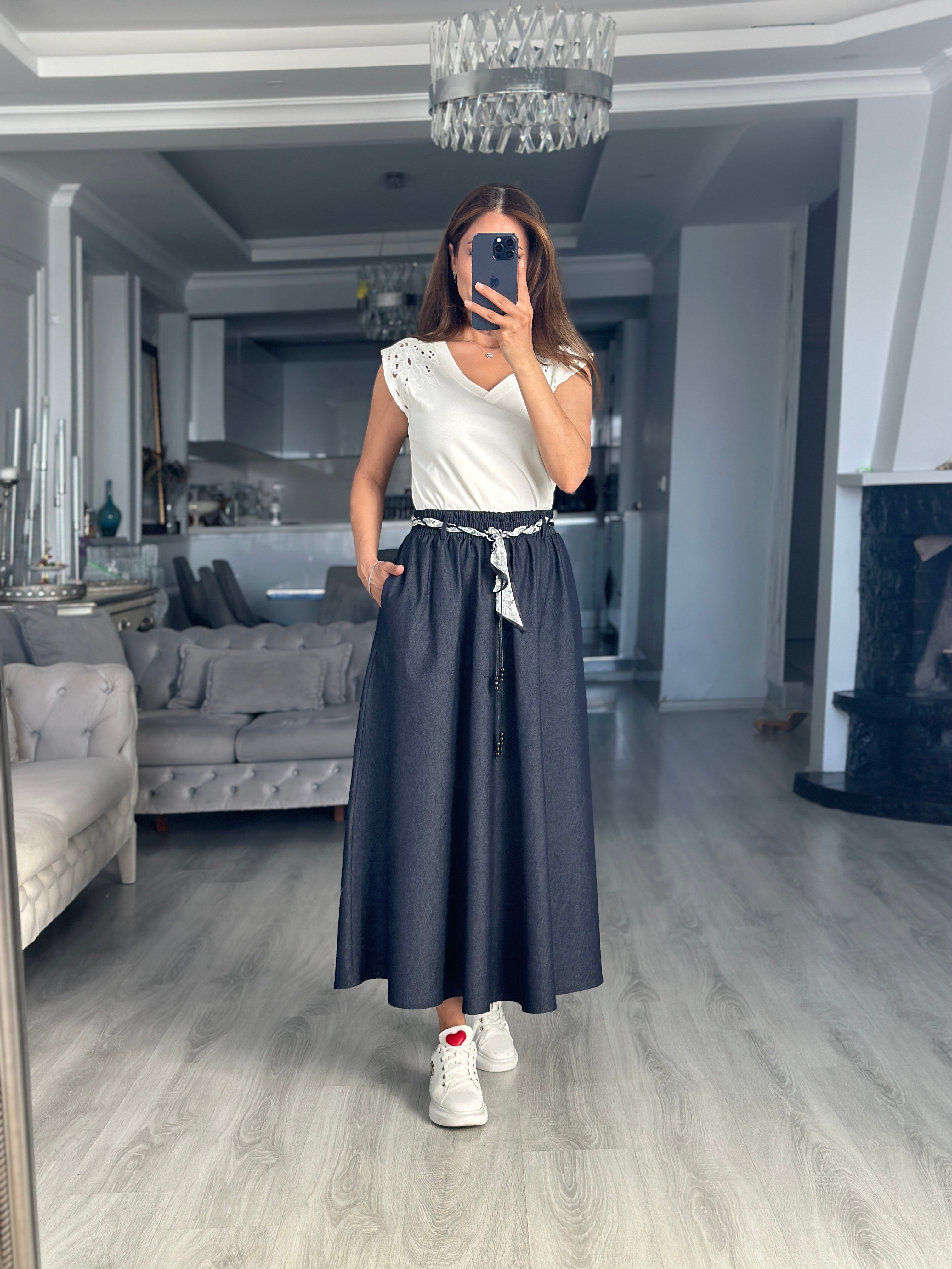 Lacivert Fular Kuşaklı Midi Boy Denim Kadın Etek