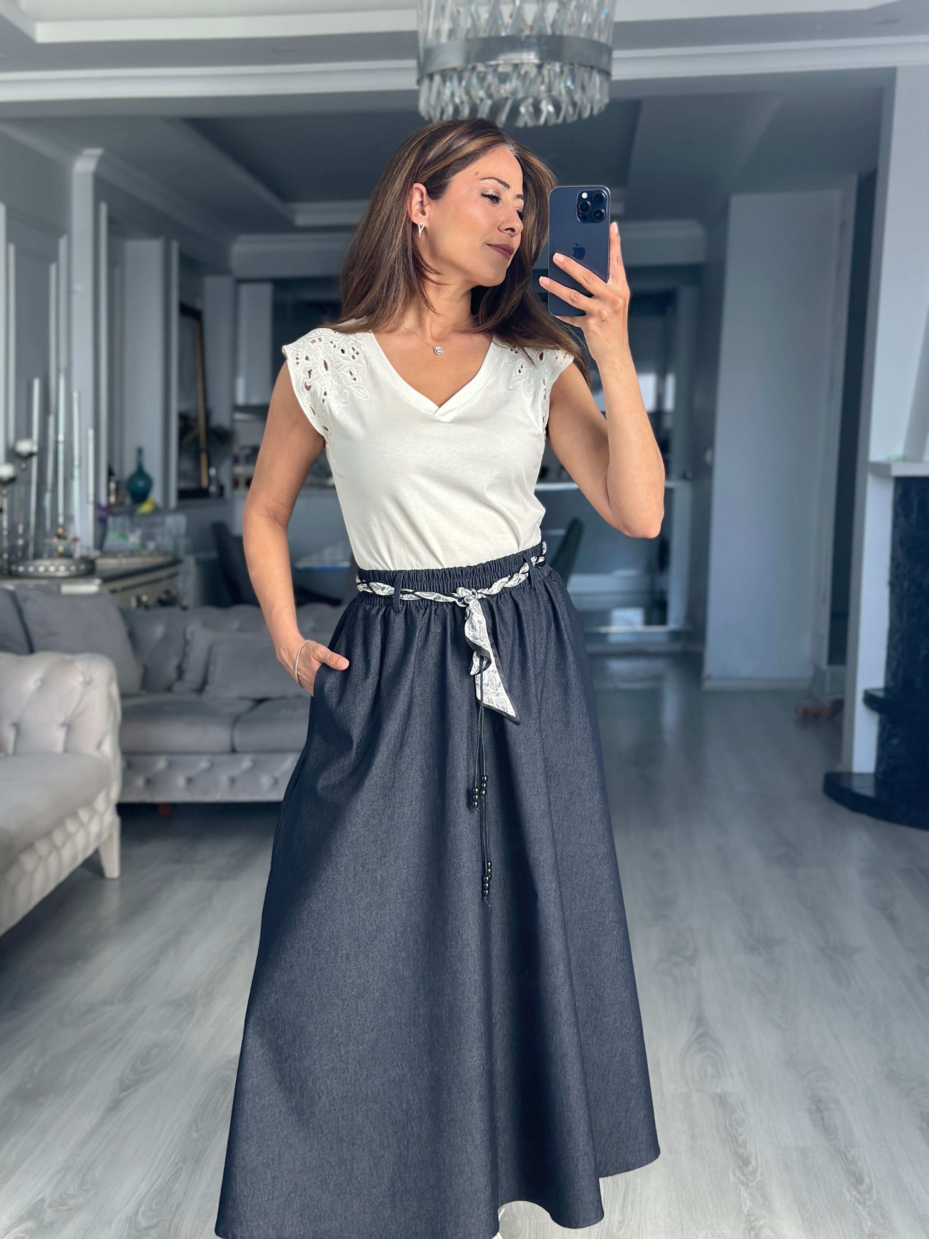 Lacivert Fular Kuşaklı Midi Boy Denim Kadın Etek