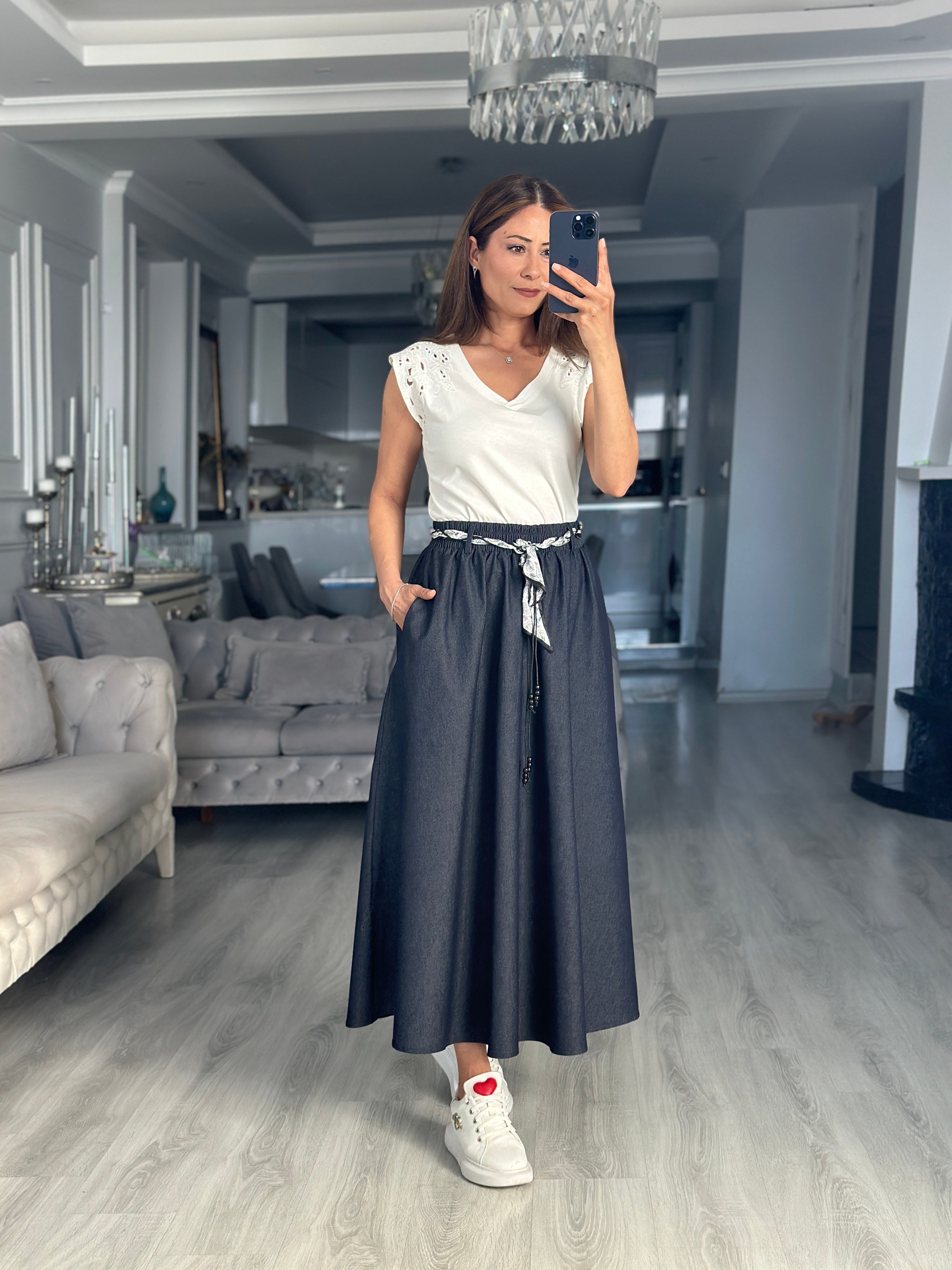 Lacivert Fular Kuşaklı Midi Boy Denim Kadın Etek