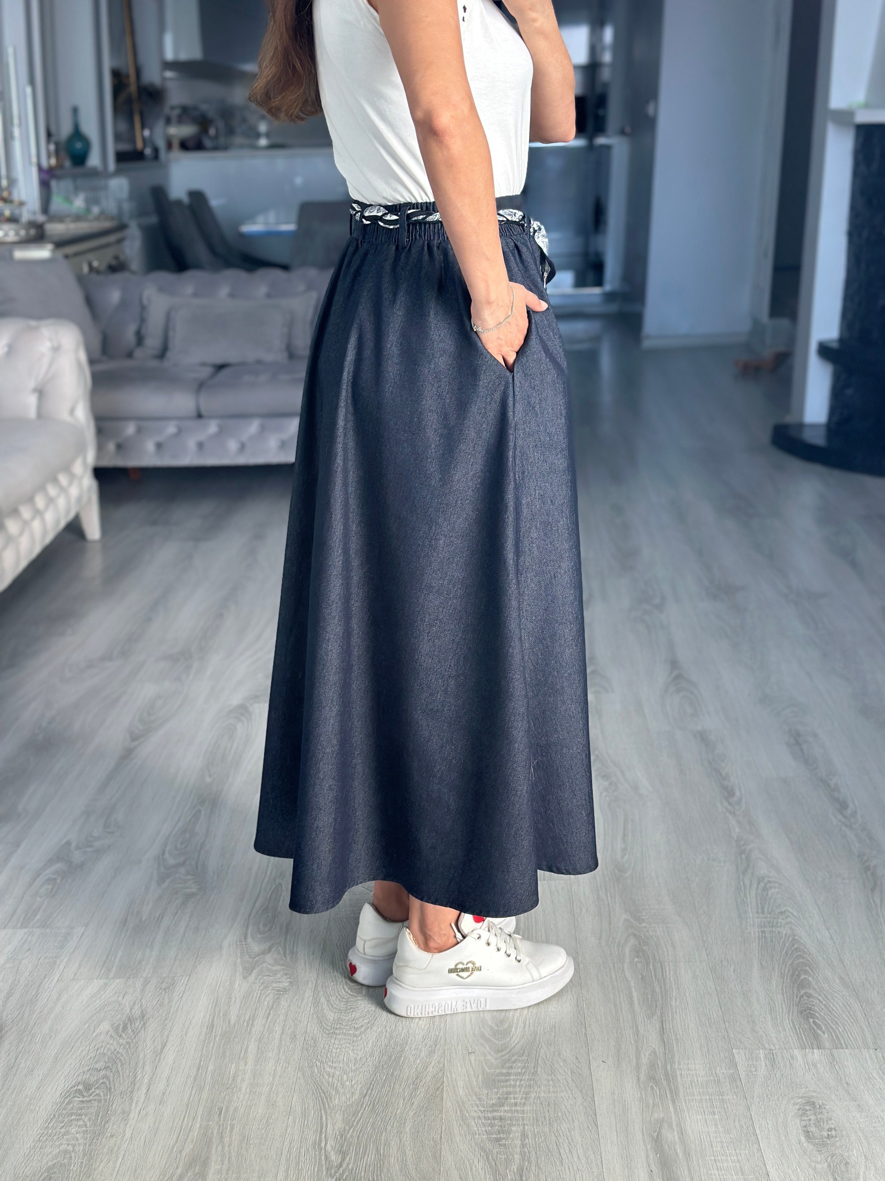 Lacivert Fular Kuşaklı Midi Boy Denim Kadın Etek