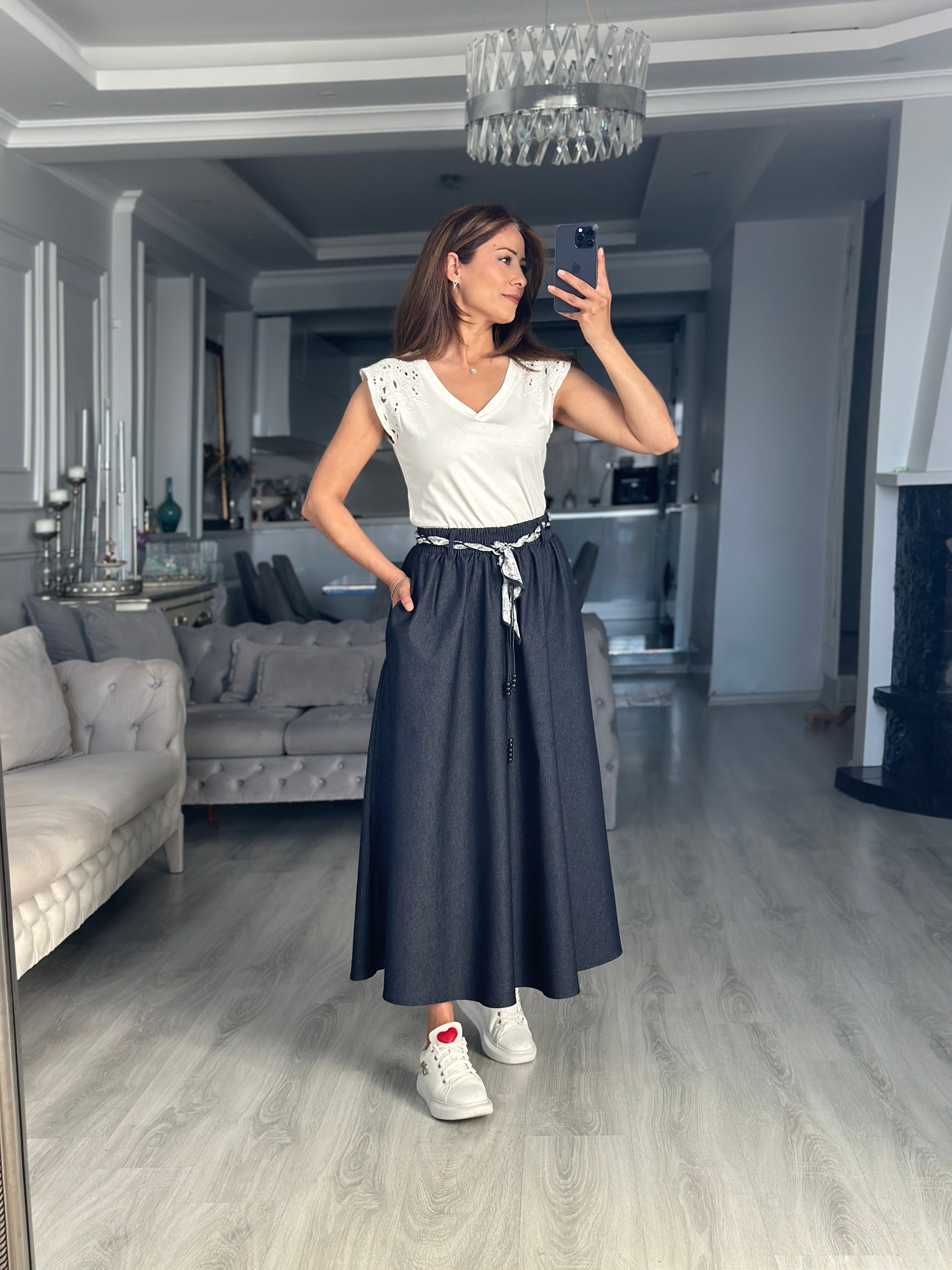 Lacivert Fular Kuşaklı Midi Boy Denim Kadın Etek