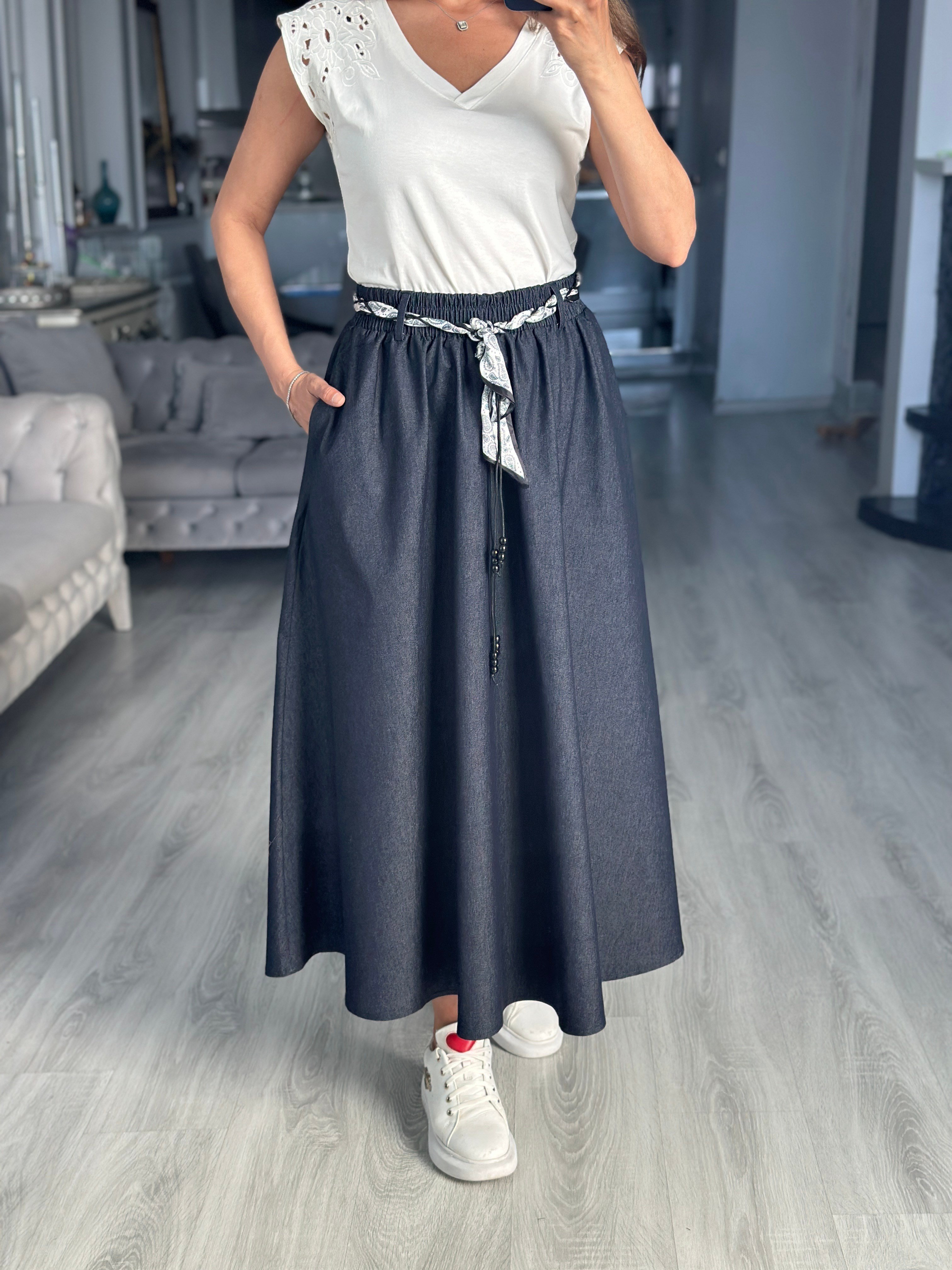 Lacivert Fular Kuşaklı Midi Boy Denim Kadın Etek