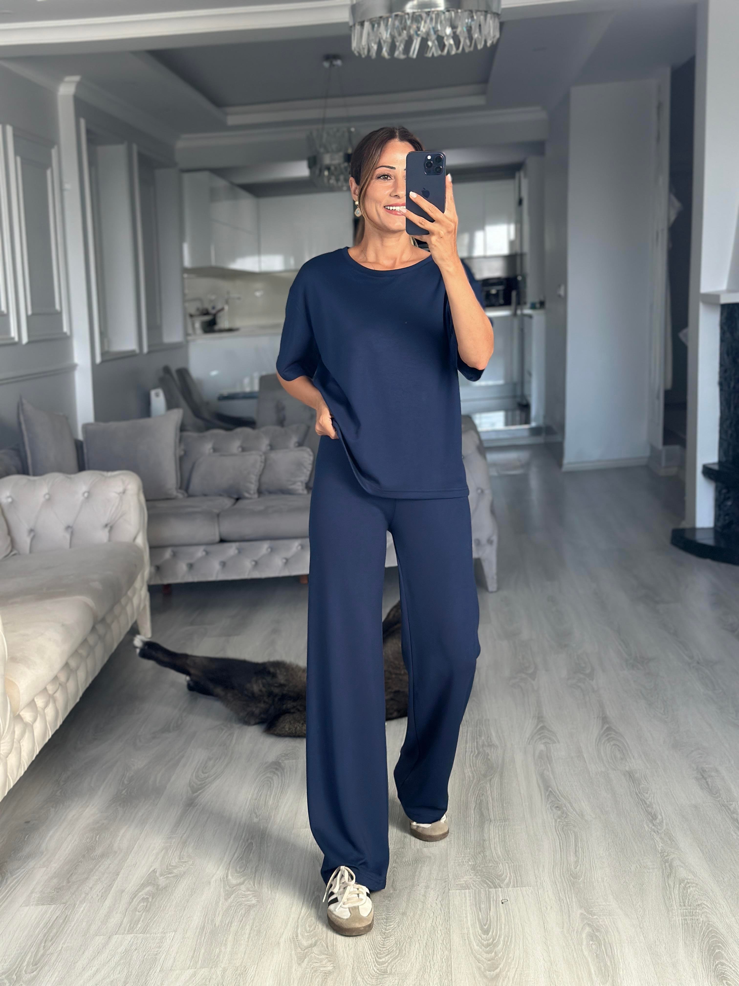 Lacivert İthal Kumaş T-Shirt Cepsiz Pantolon Kadın İkili Takımı