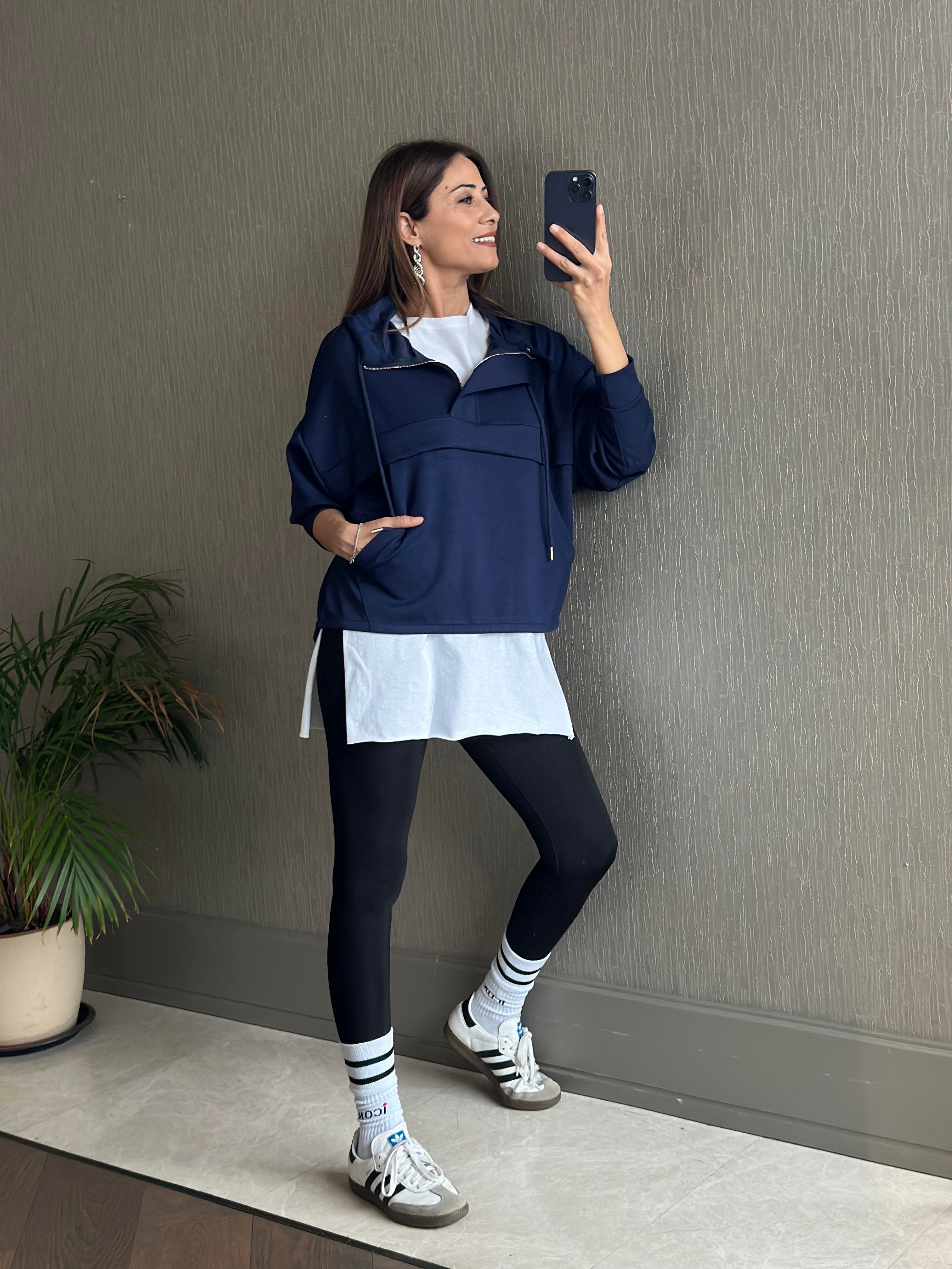 Lacivert Kapüşonlu Yarım Fermuarlı Kanguru Cep Modal Kadın Sweatshirt