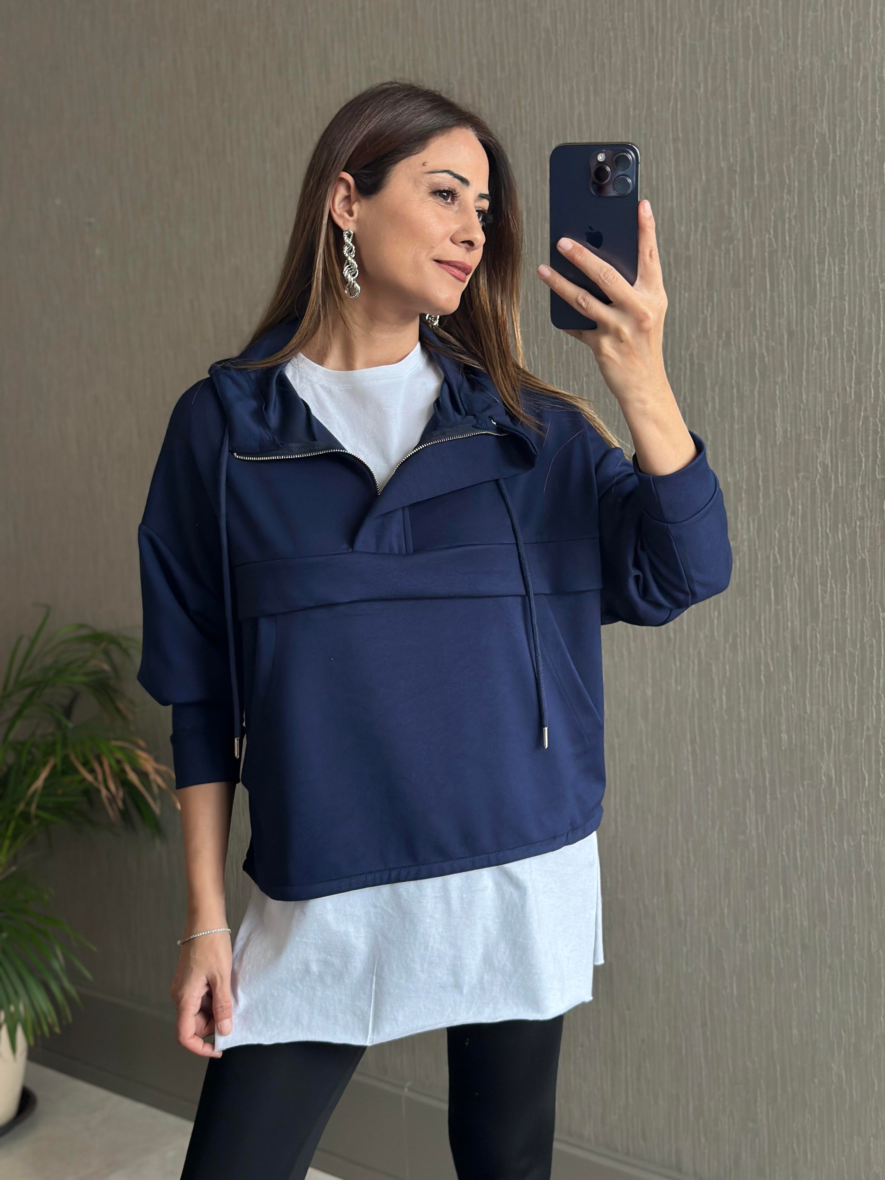 Lacivert Kapüşonlu Yarım Fermuarlı Kanguru Cep Modal Kadın Sweatshirt