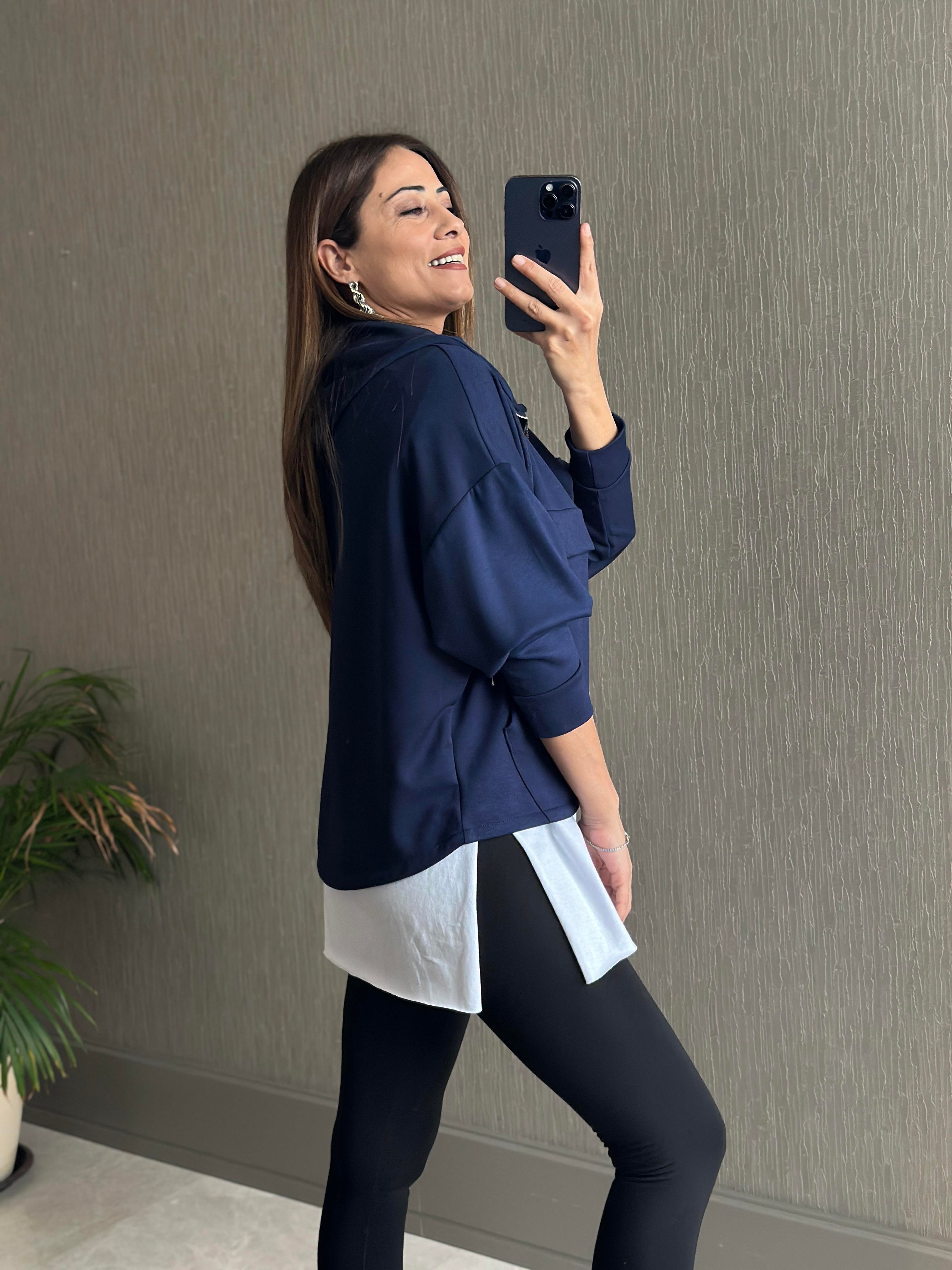 Lacivert Kapüşonlu Yarım Fermuarlı Kanguru Cep Modal Kadın Sweatshirt