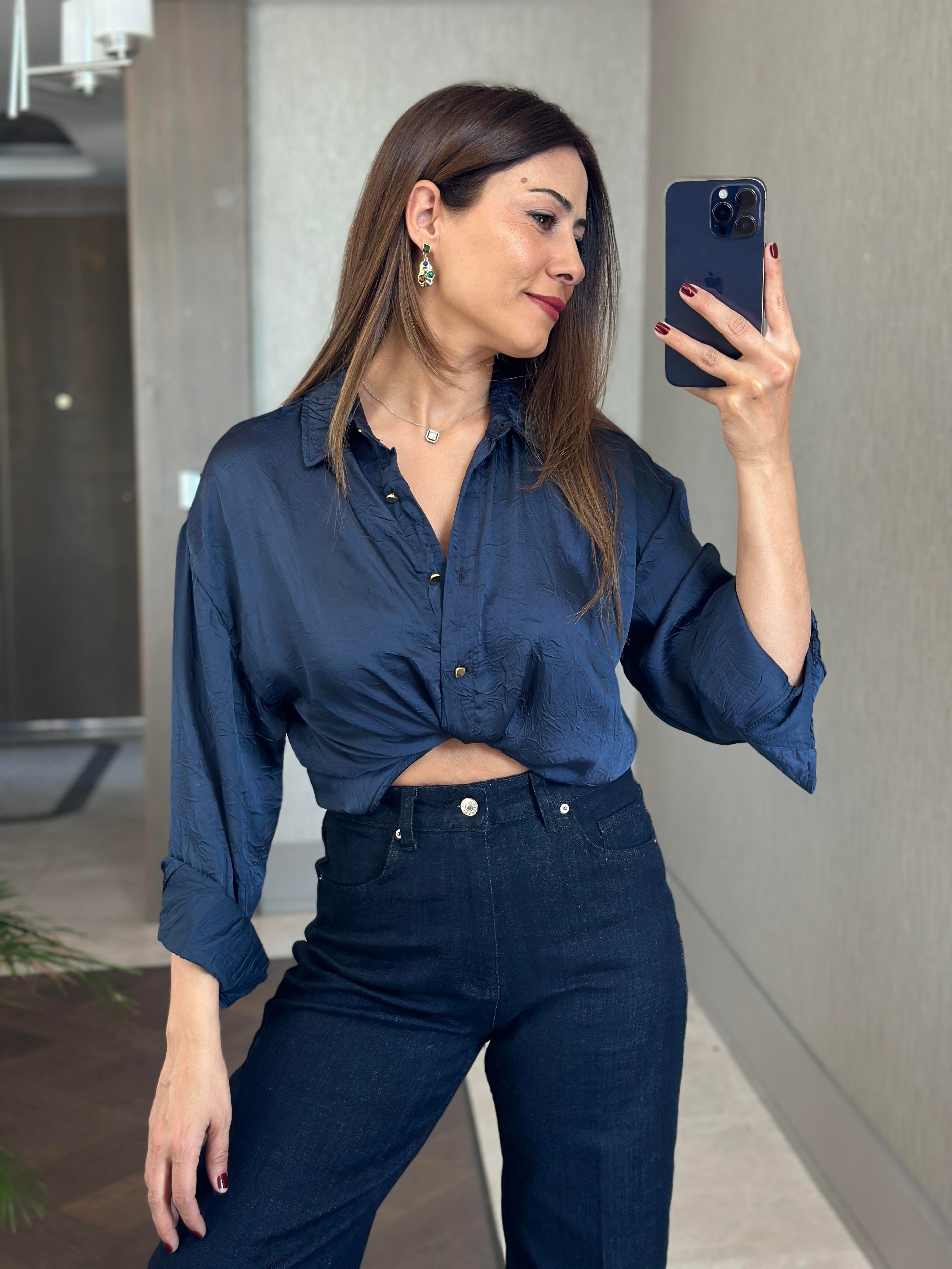 Lacivert Karol Wide Leg Kadın Jean Pantolon