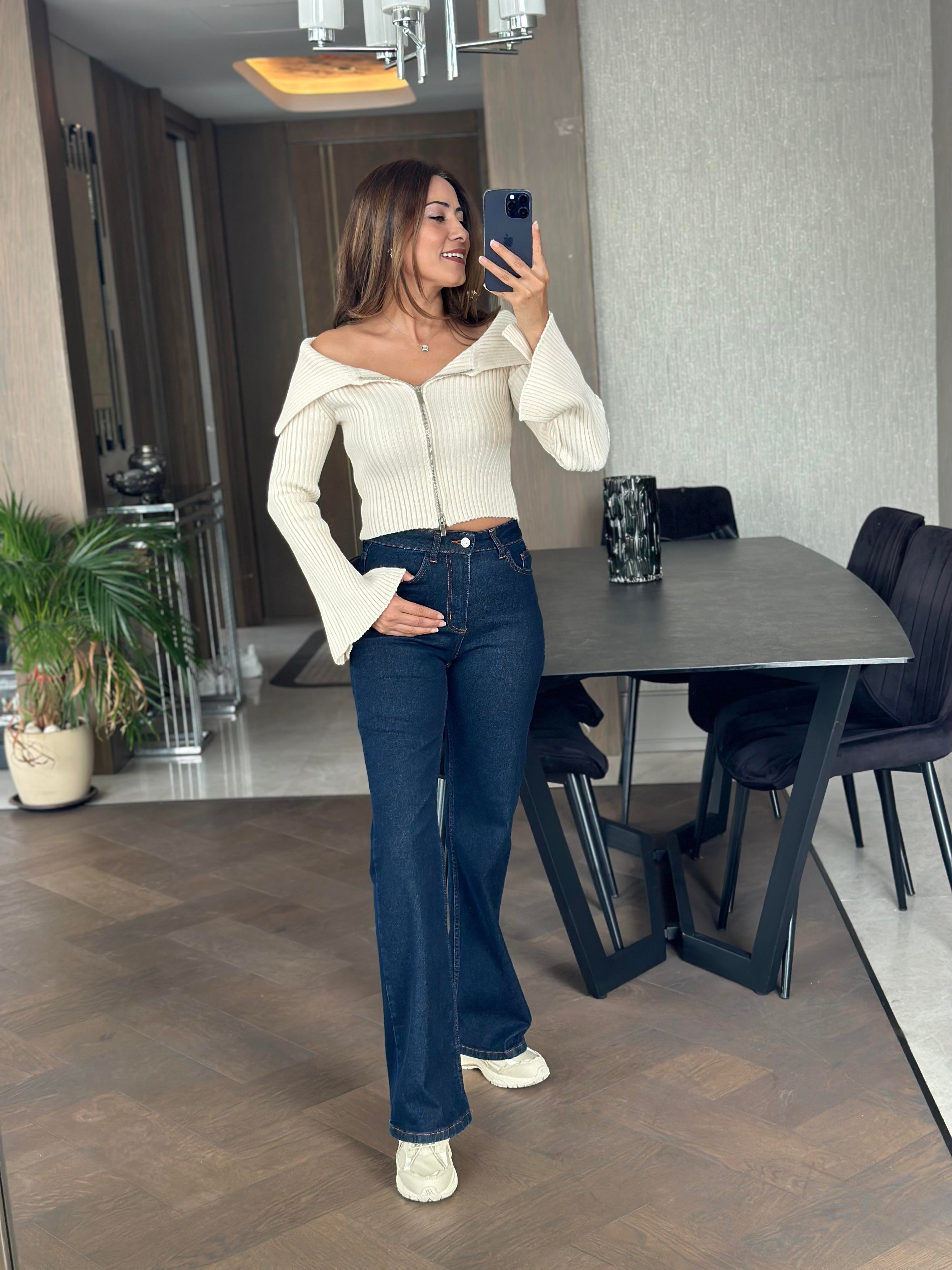 Lacivert Karol Wide Leg Kadın Jean Pantolon