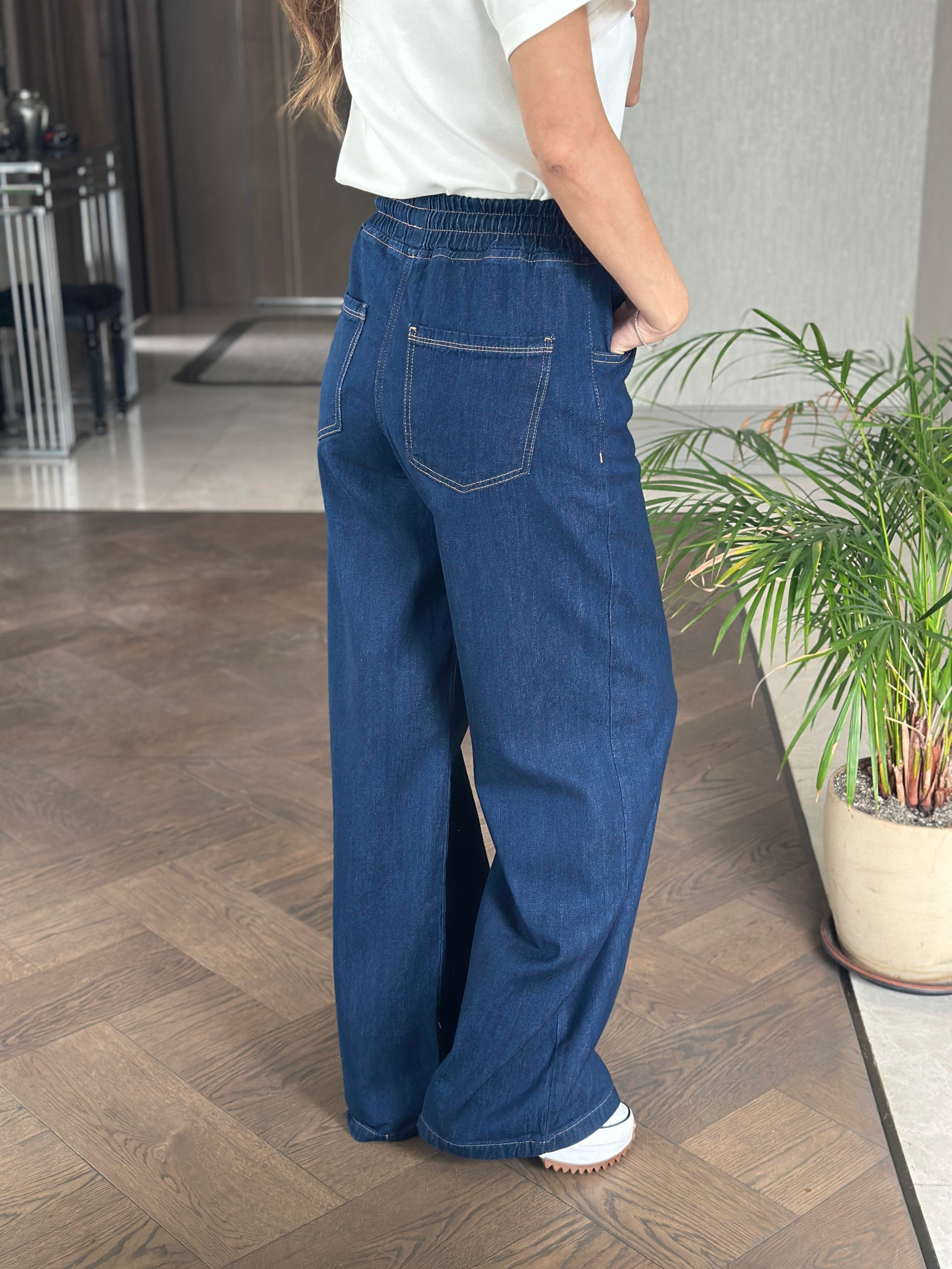 Lacivert Lacarino Beli Lastikli Palazzo Kadın Jean Pantolon