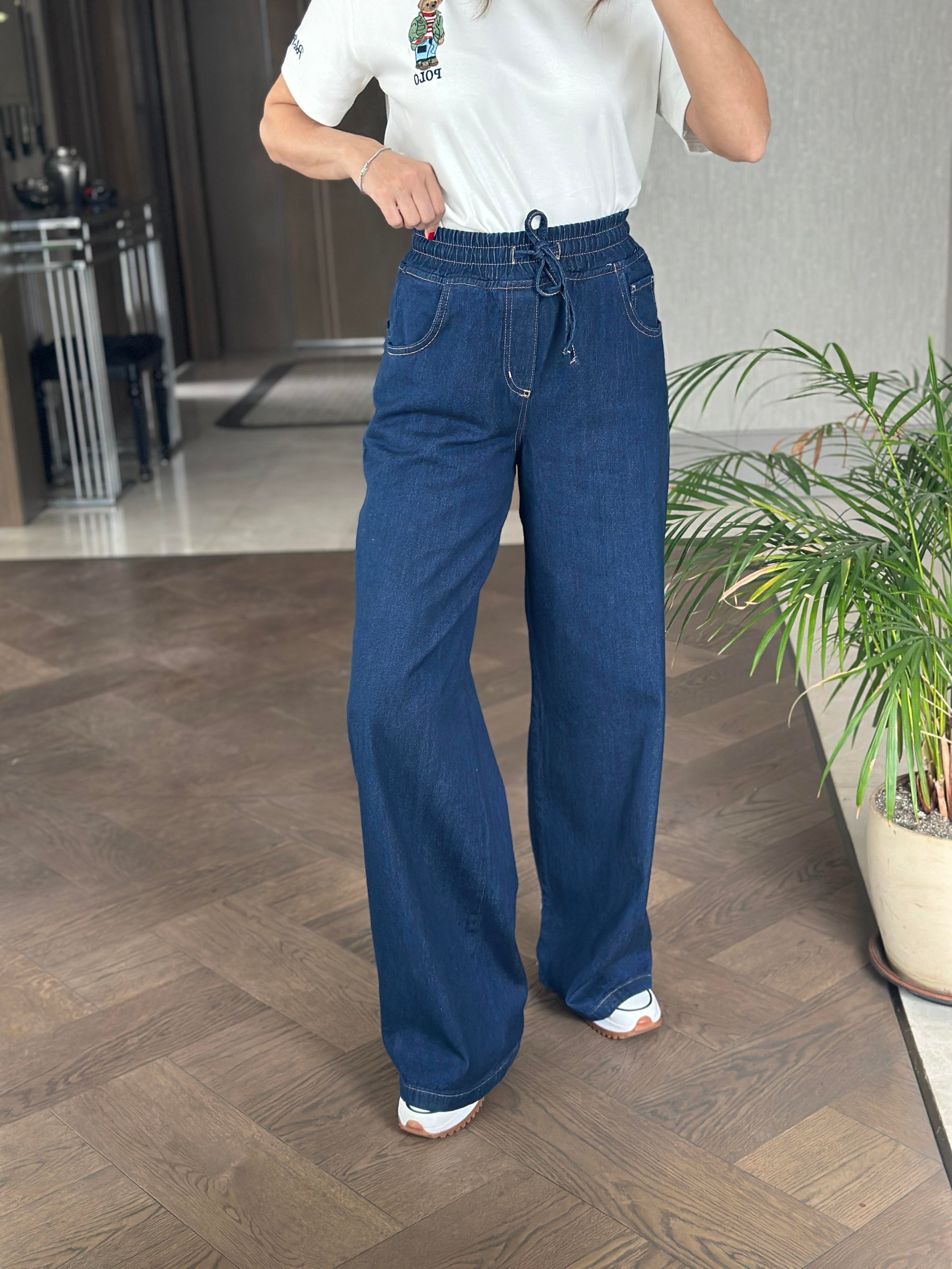 Lacivert Lacarino Beli Lastikli Palazzo Kadın Jean Pantolon