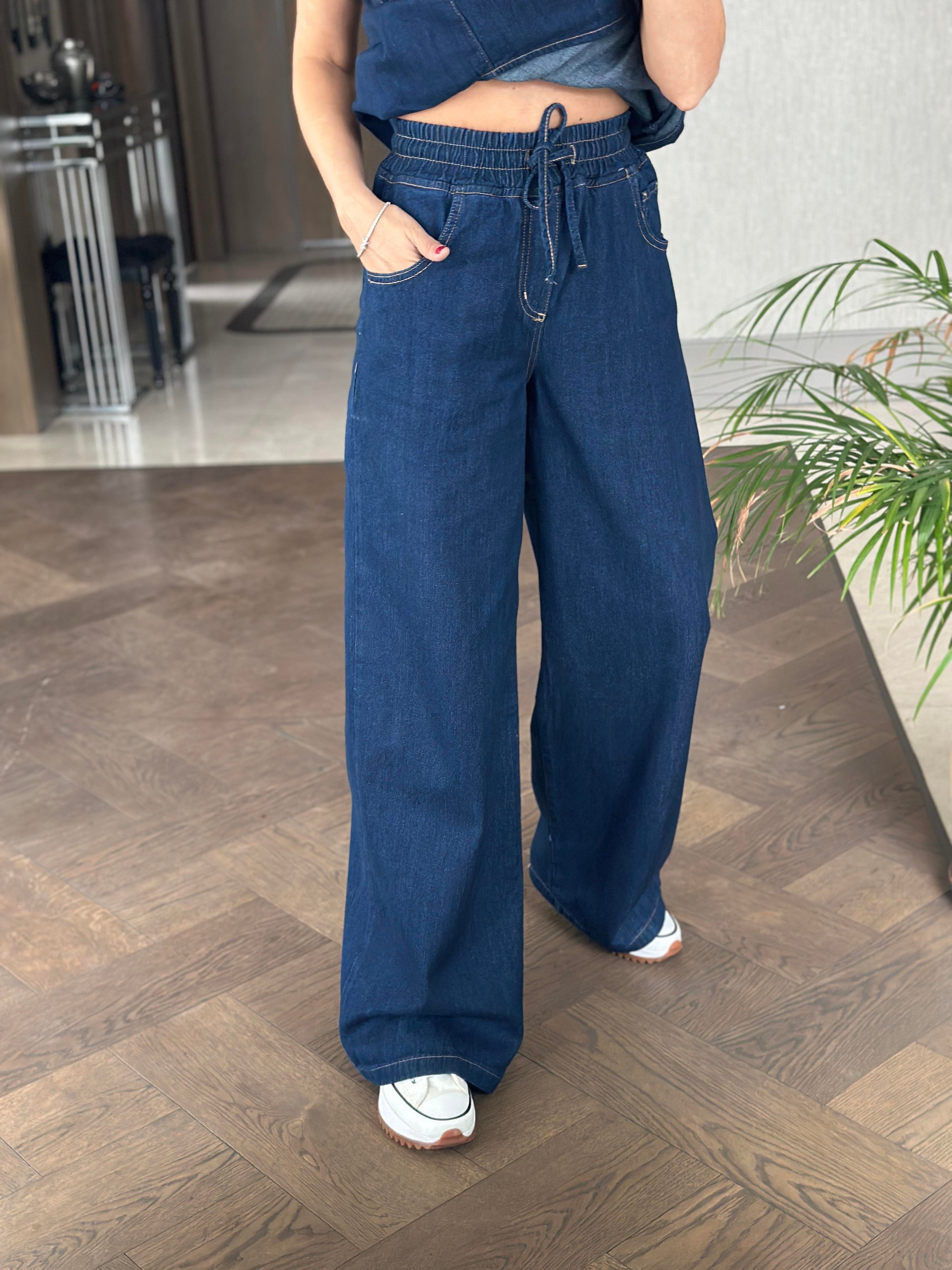 Lacivert Lacarino Beli Lastikli Palazzo Kadın Jean Pantolon