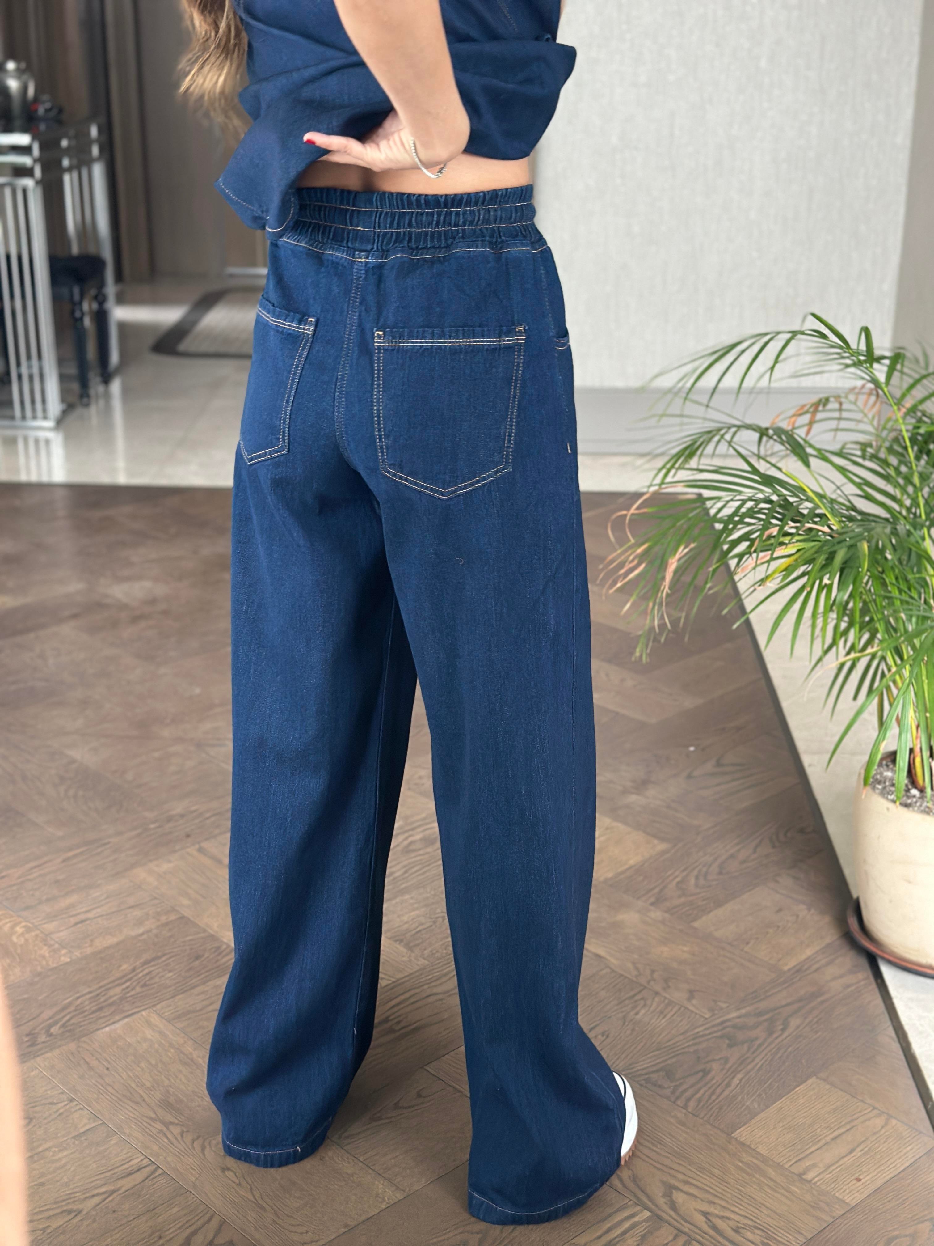 Lacivert Lacarino Beli Lastikli Palazzo Kadın Jean Pantolon