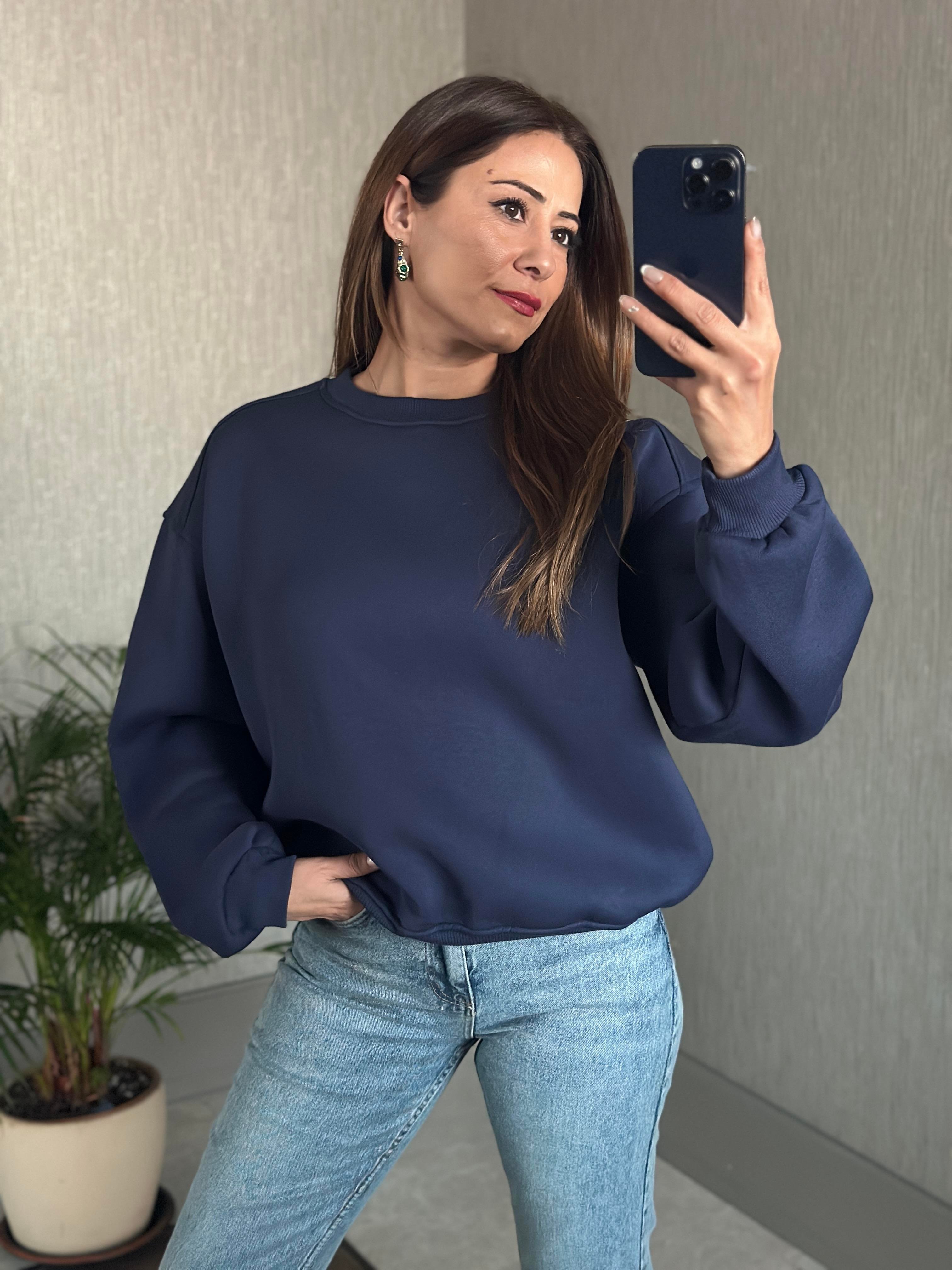 Lacivert Omzu Dikiş Detaylı Bisiklet Yaka Şardonlu Kadın Sweatshirt