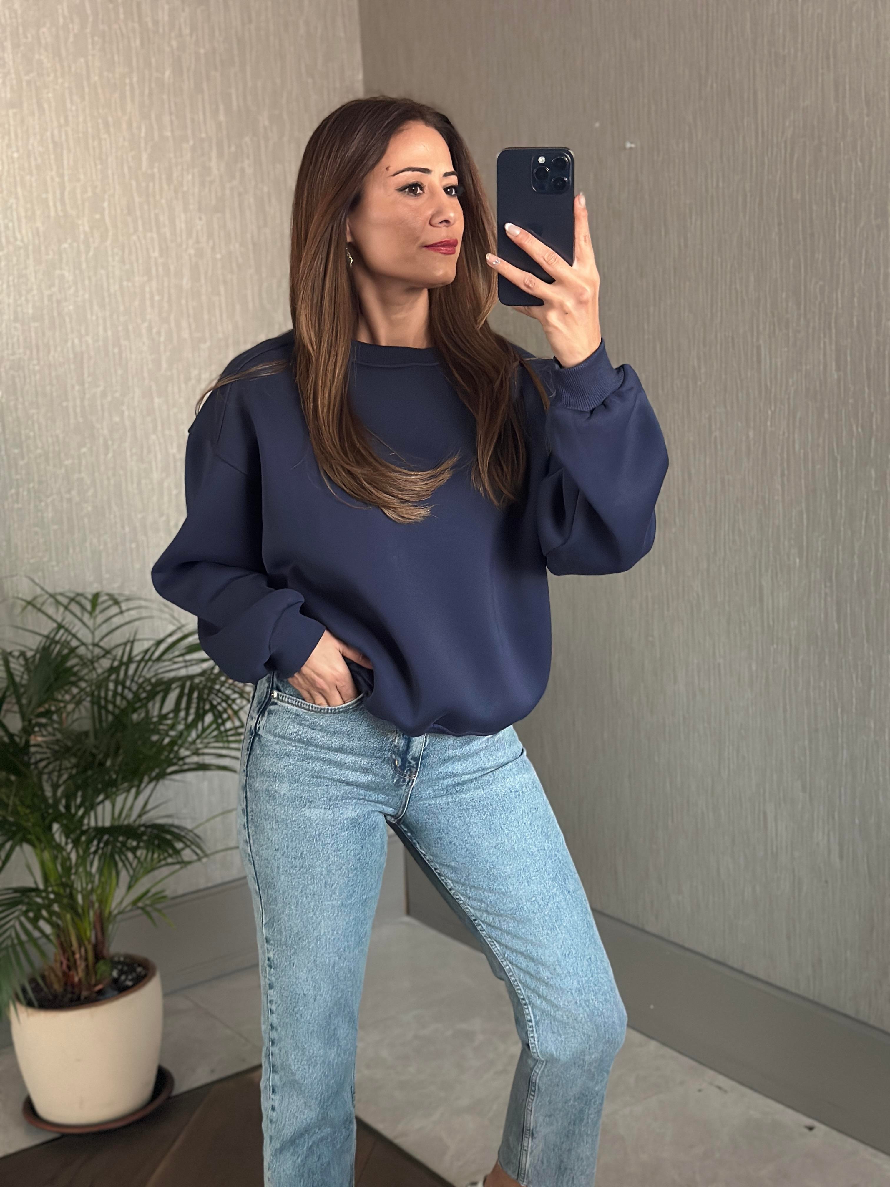 Lacivert Omzu Dikiş Detaylı Bisiklet Yaka Şardonlu Kadın Sweatshirt