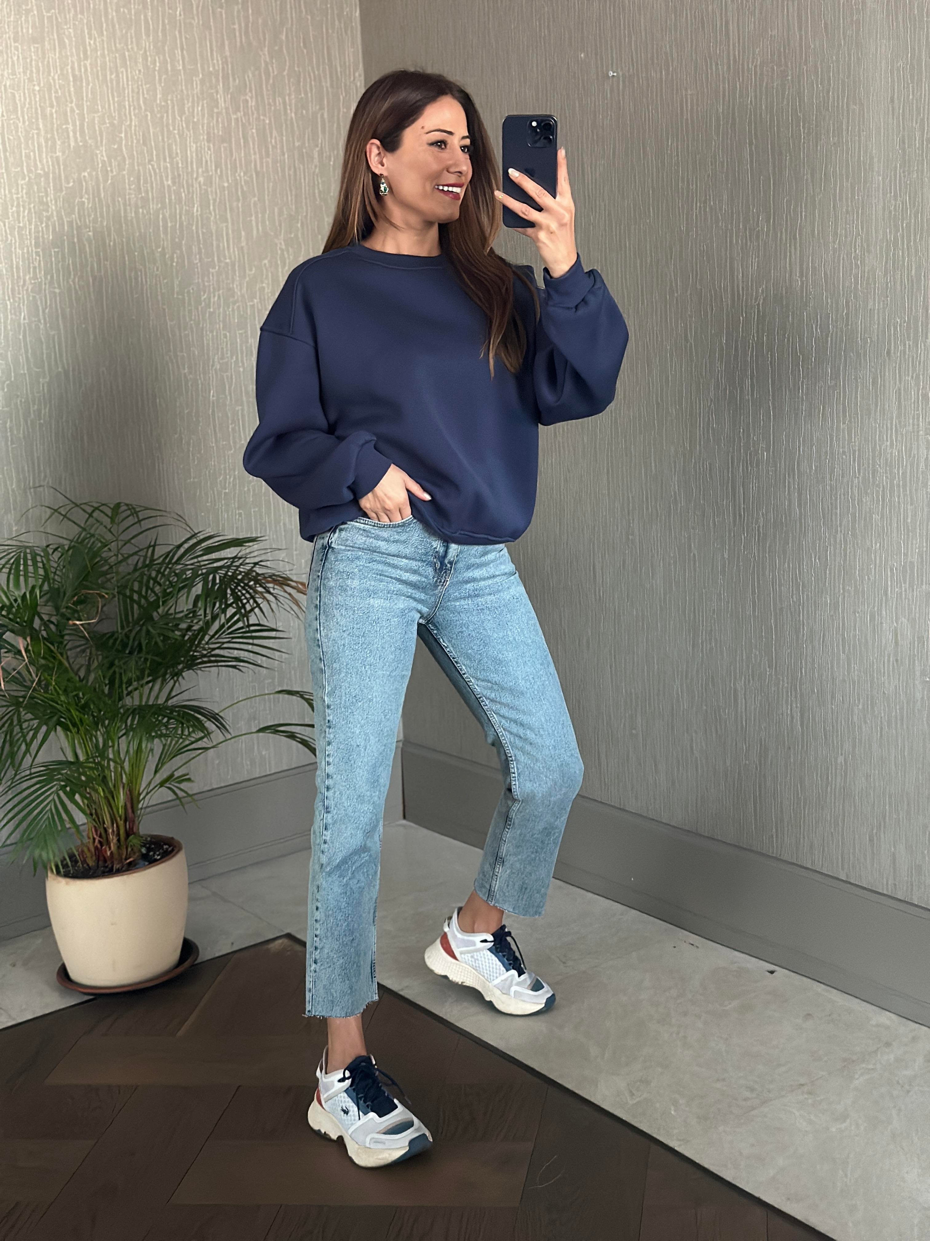 Lacivert Omzu Dikiş Detaylı Bisiklet Yaka Şardonlu Kadın Sweatshirt