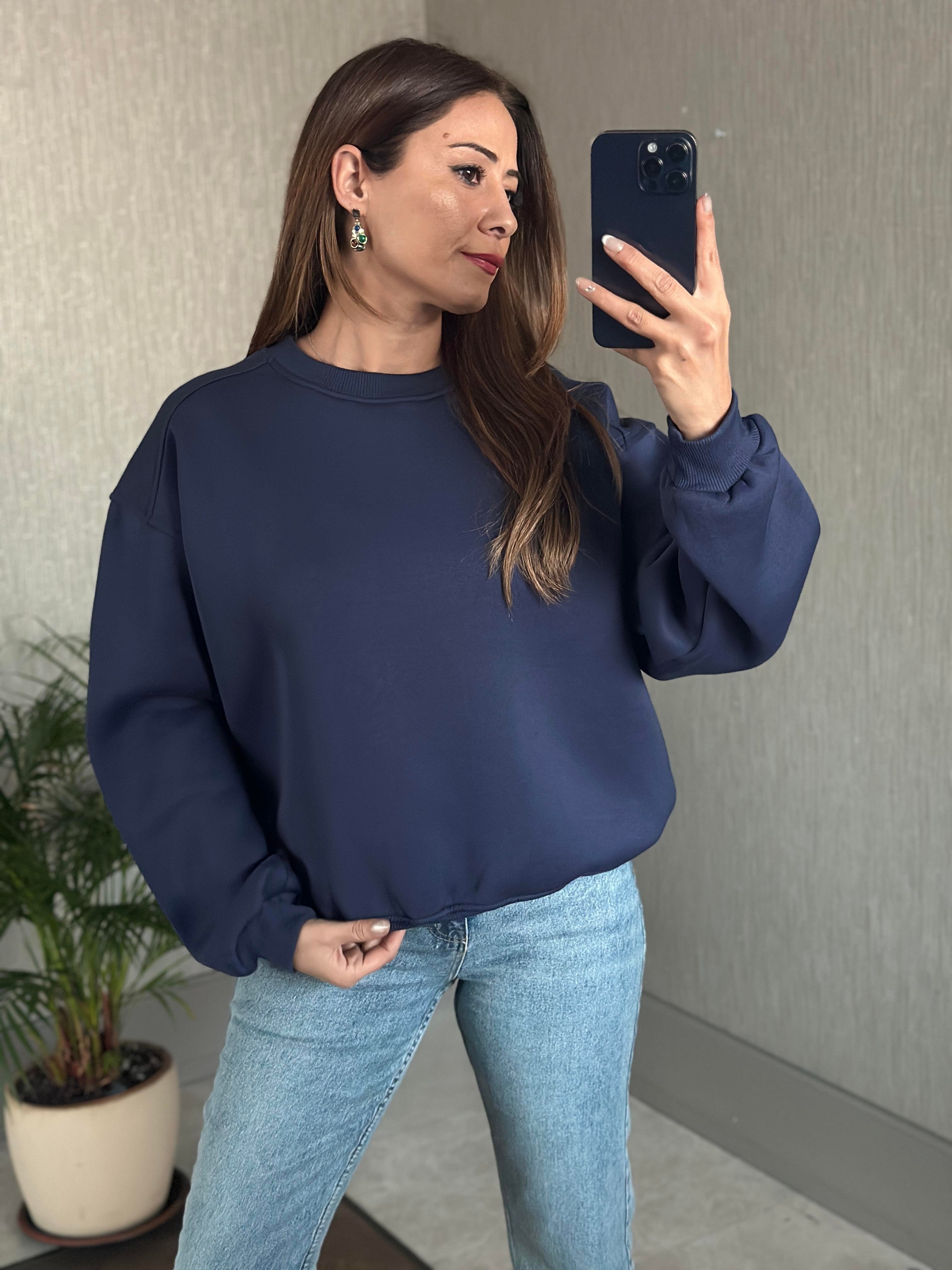 Lacivert Omzu Dikiş Detaylı Bisiklet Yaka Şardonlu Kadın Sweatshirt