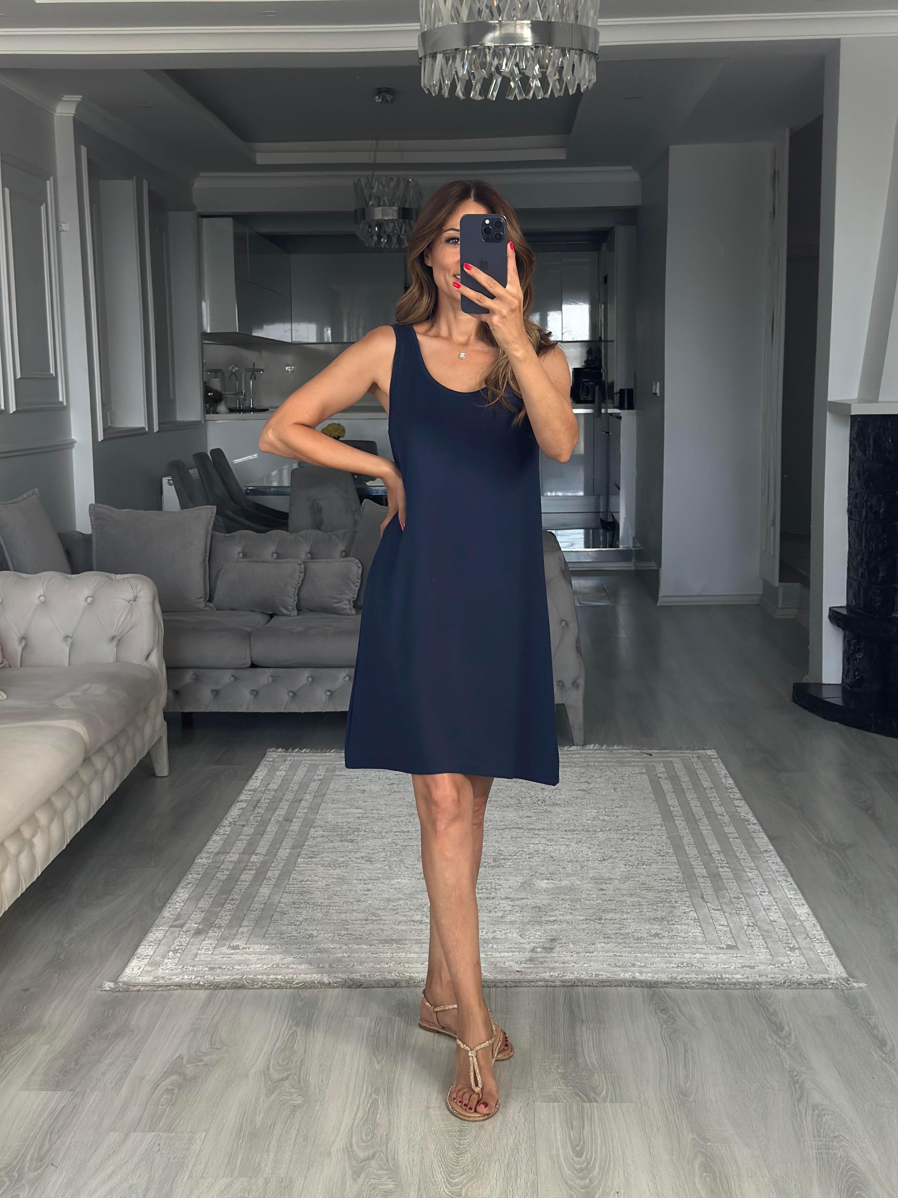 Lacivert Ön Arka U Yaka  Basic Mini Kadın Elbise