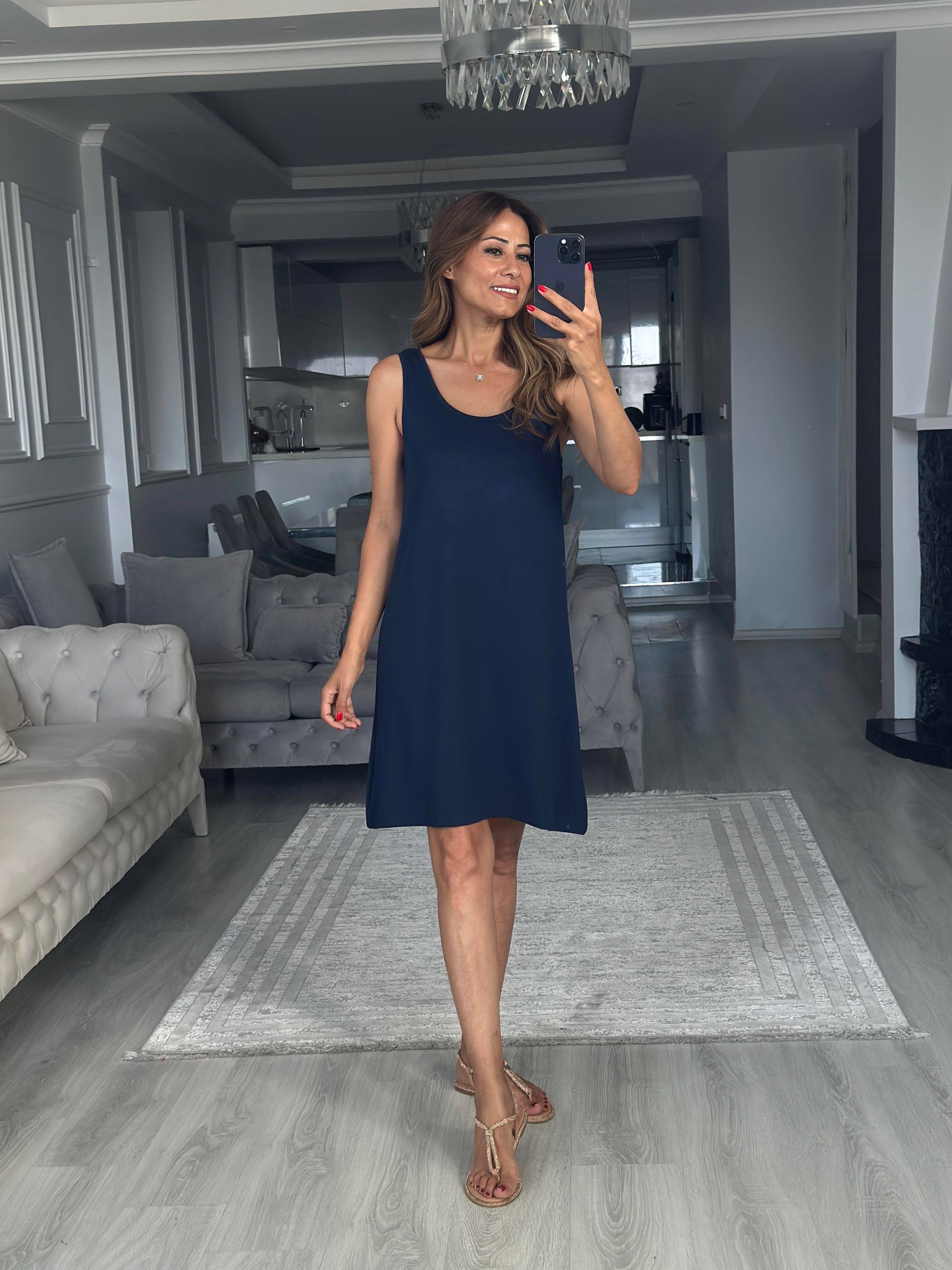 Lacivert Ön Arka U Yaka  Basic Mini Kadın Elbise