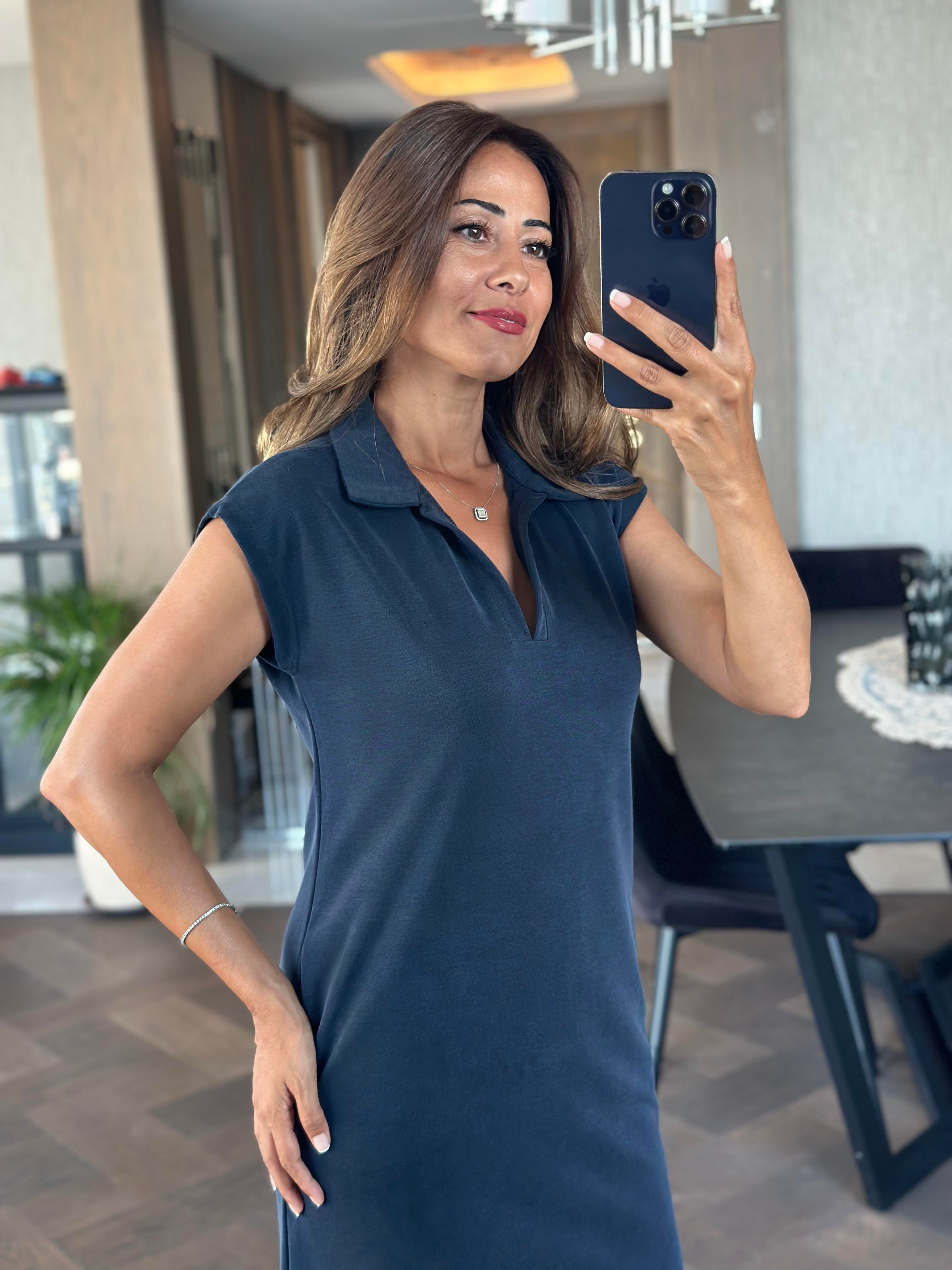 Lacivert Oysh Polo Yaka Sıfır Kol Modal Midi Boy Kadın Elbise 