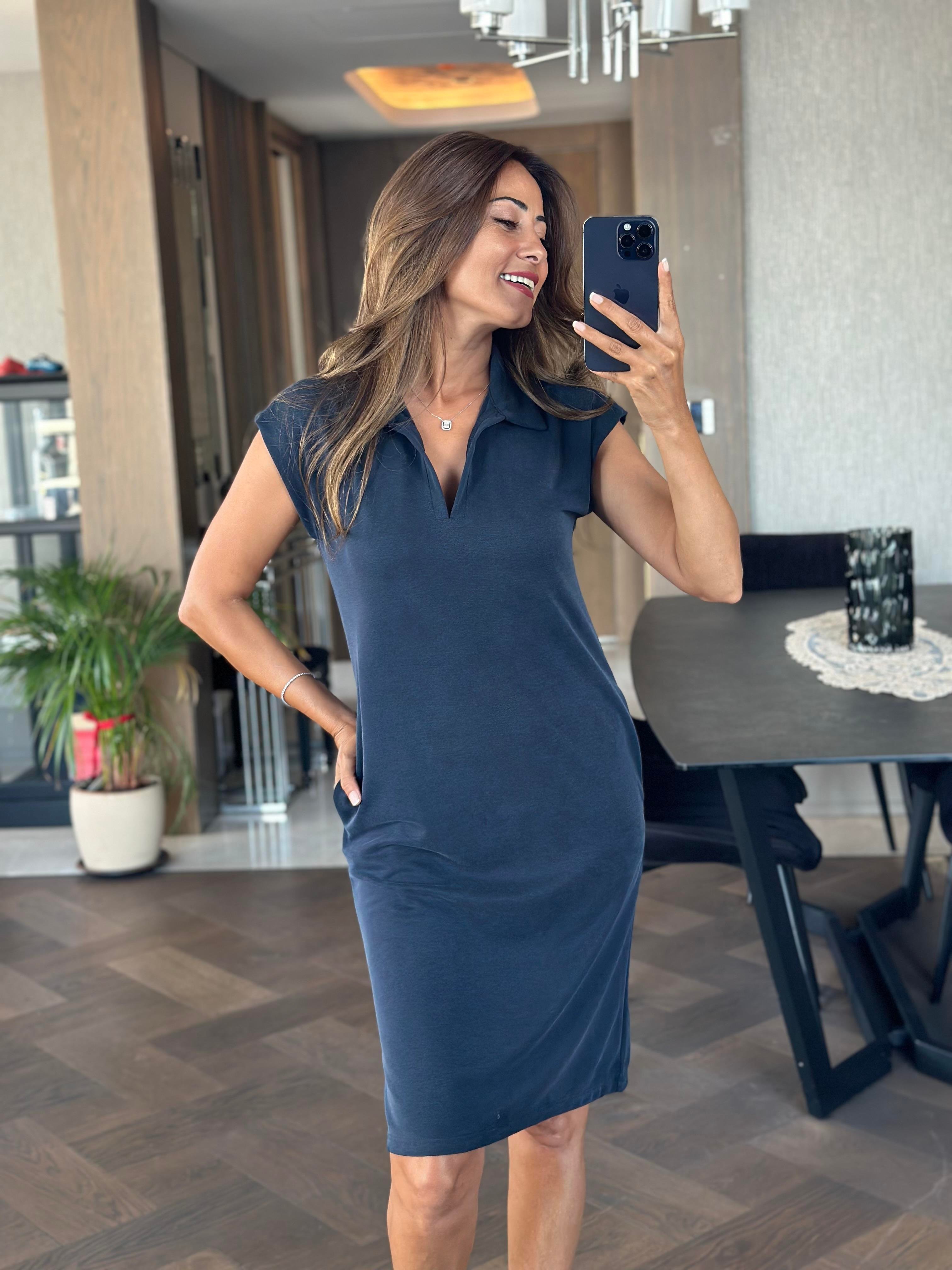 Lacivert Oysh Polo Yaka Sıfır Kol Modal Midi Boy Kadın Elbise 