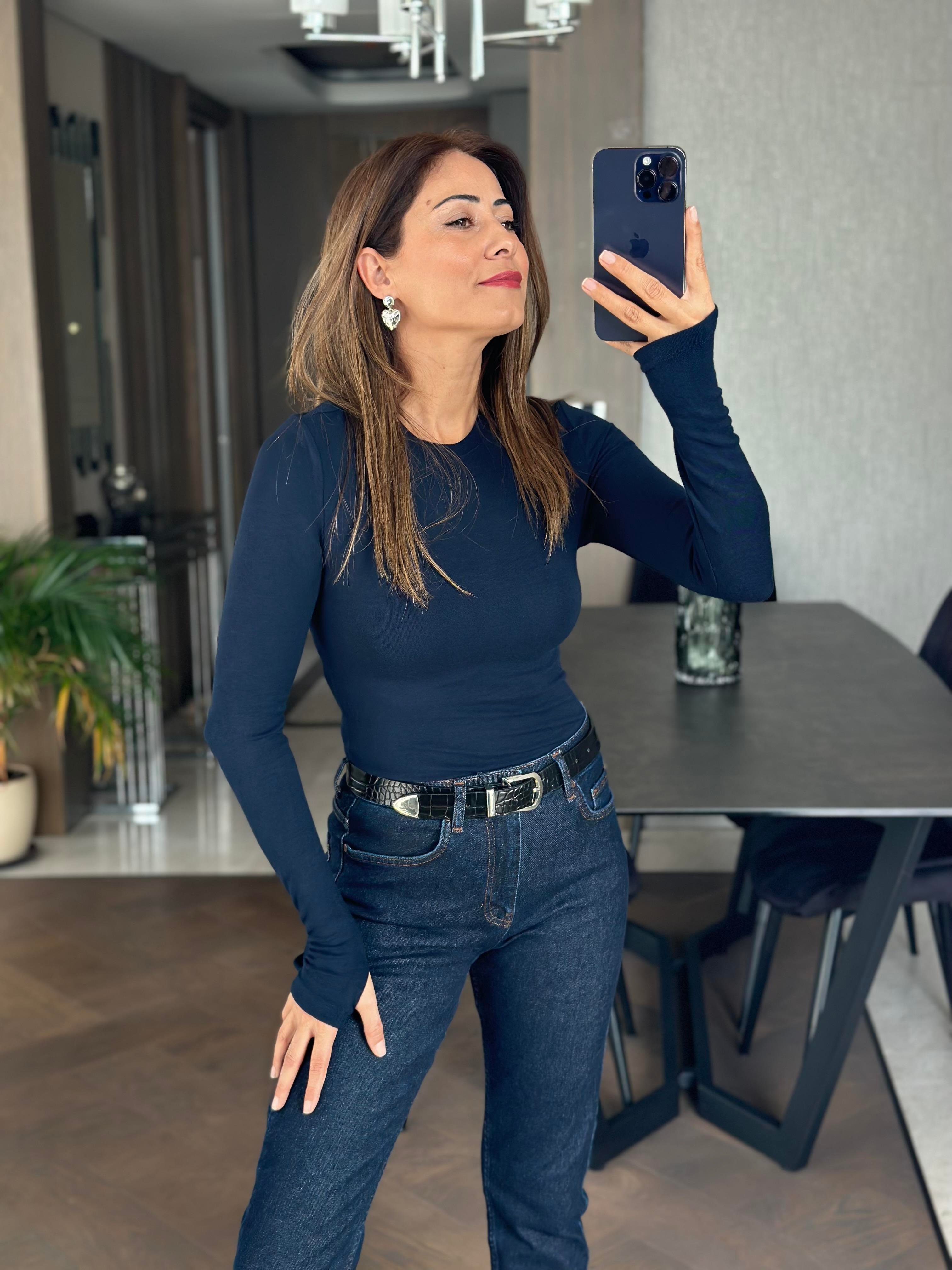 Lacivert Parmak Detay Bisiklet Yaka Yumoş Kadın Body