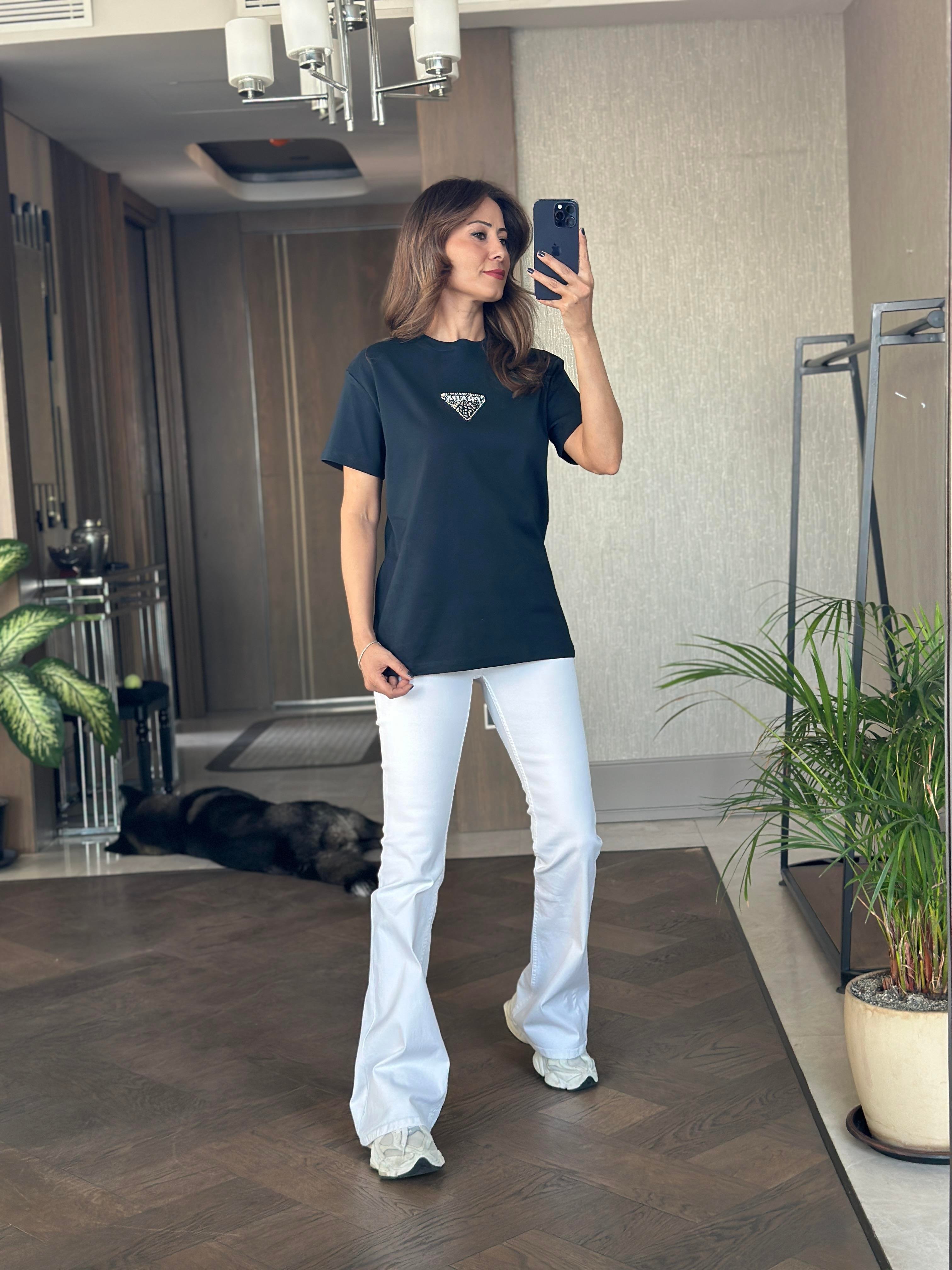 Lacivert Prd Üçgen Logolu Bisiklet Yaka Kadın T-Shirt