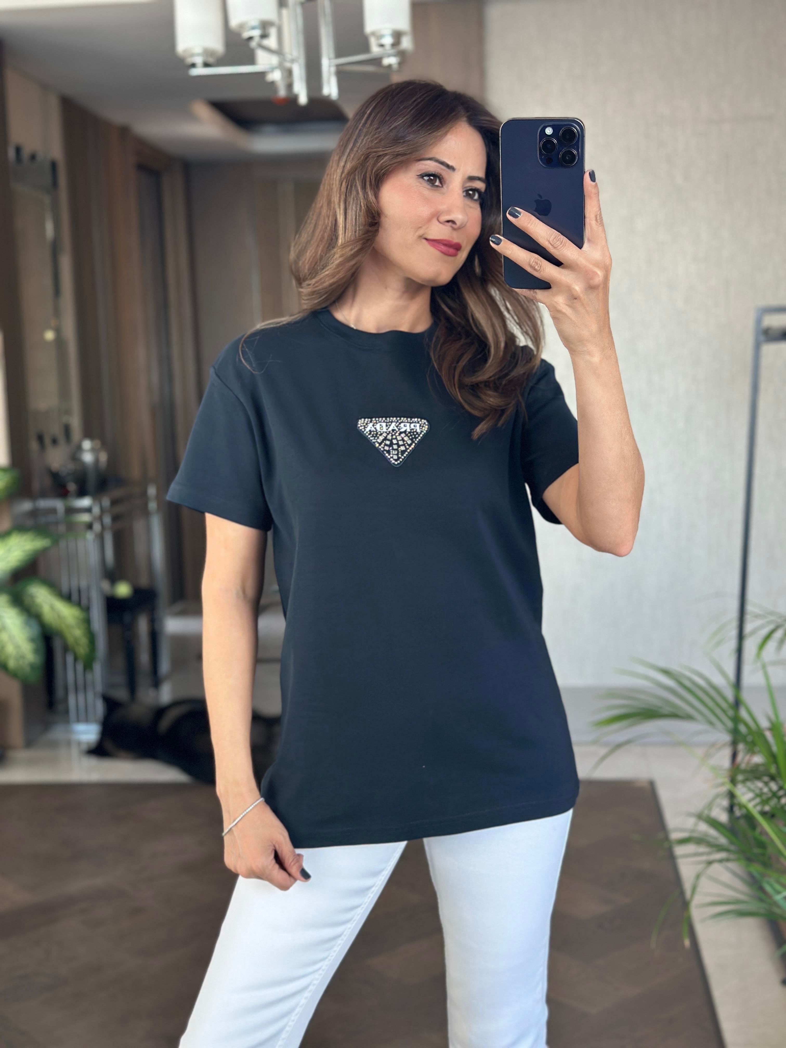 Lacivert Prd Üçgen Logolu Bisiklet Yaka Kadın T-Shirt