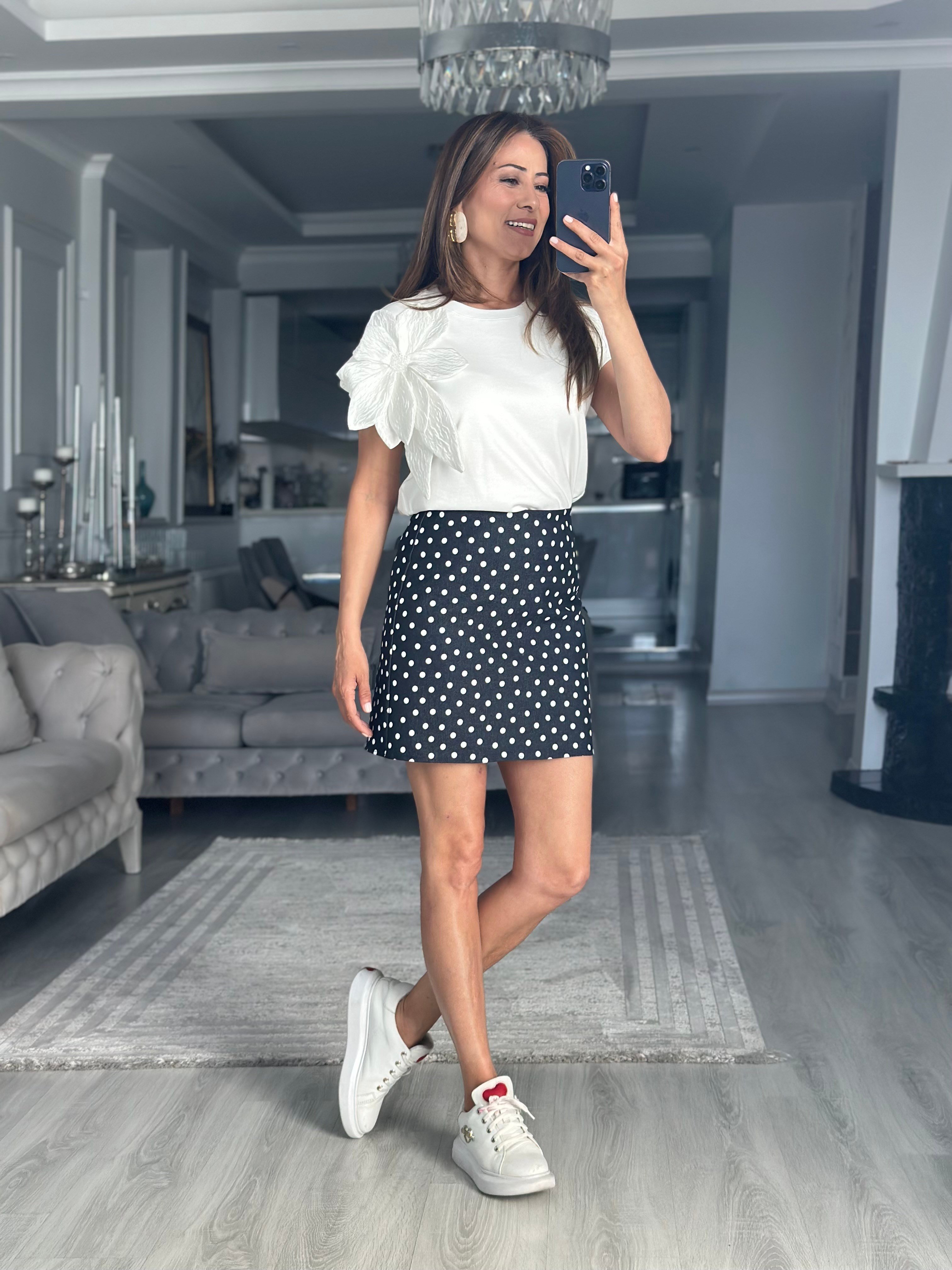 Lacivert Puantiyeli Denim Kadın Mini Etek