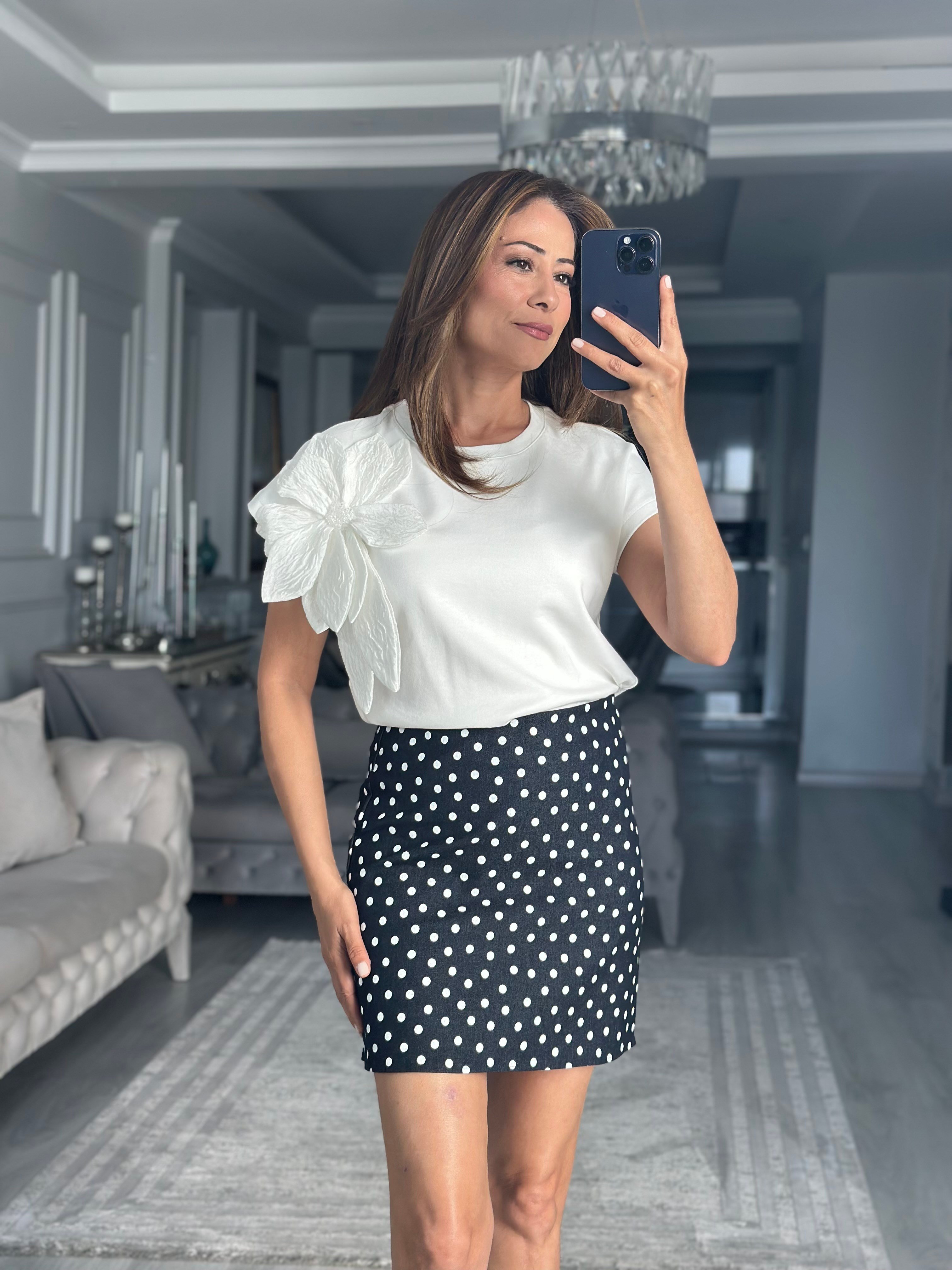 Lacivert Puantiyeli Denim Kadın Mini Etek